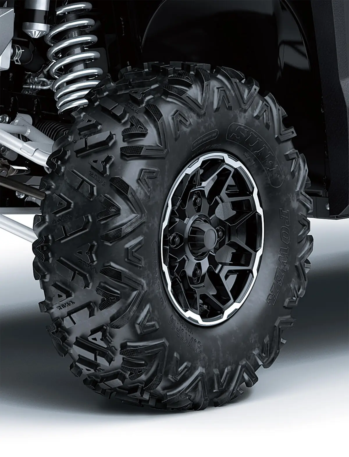 Detail view of the front right wheel and tire of a side x side.