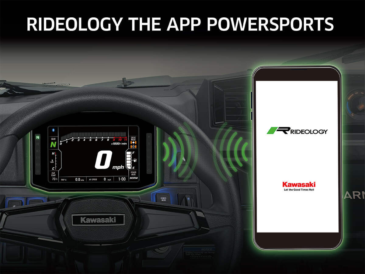 Graphic treatment showing smartphone app connectivity with a side x side.