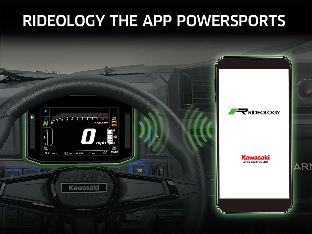 Graphic treatment showing smartphone app connectivity with a side x side.