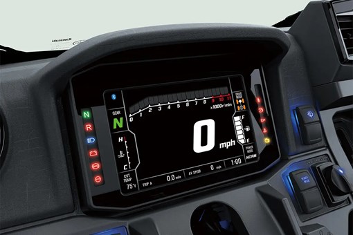 Closeup view of the instrument panel of a side x side. opens in a new window