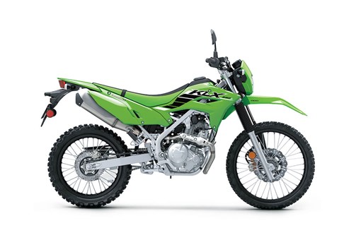 Right side view of a green dual-sport motorcycle staged in a white studio background. opens in a new window