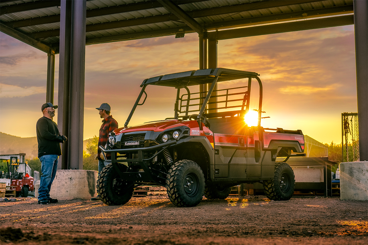 Three-quarter front angle of a side x side parked off-road.