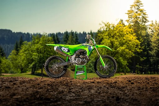 Side angle of a motorcycle staged on a dirt track. opens in a new window