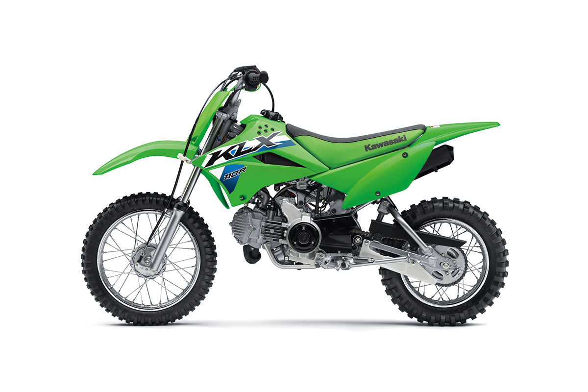 Side angle of a motorcycle staged in a white studio background.