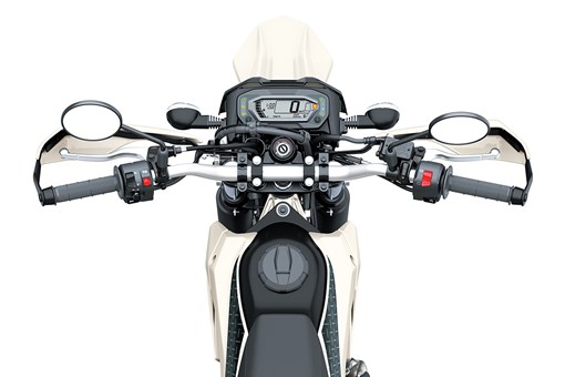 Rider POV of the handlebars of a motorcycle staged in a white studio background. opens in a new window