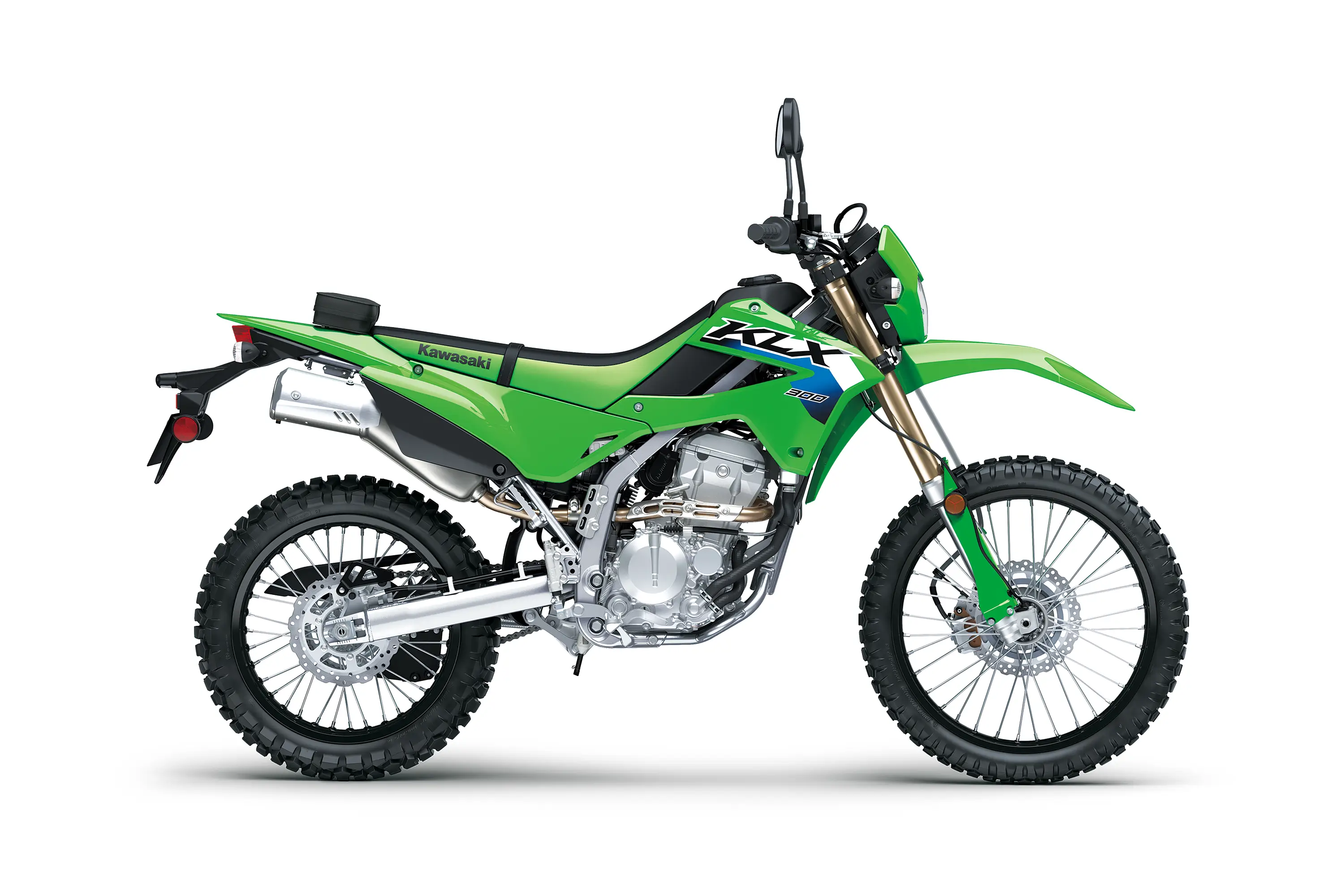 Profile angle of a motorcycle staged in a white studio background.