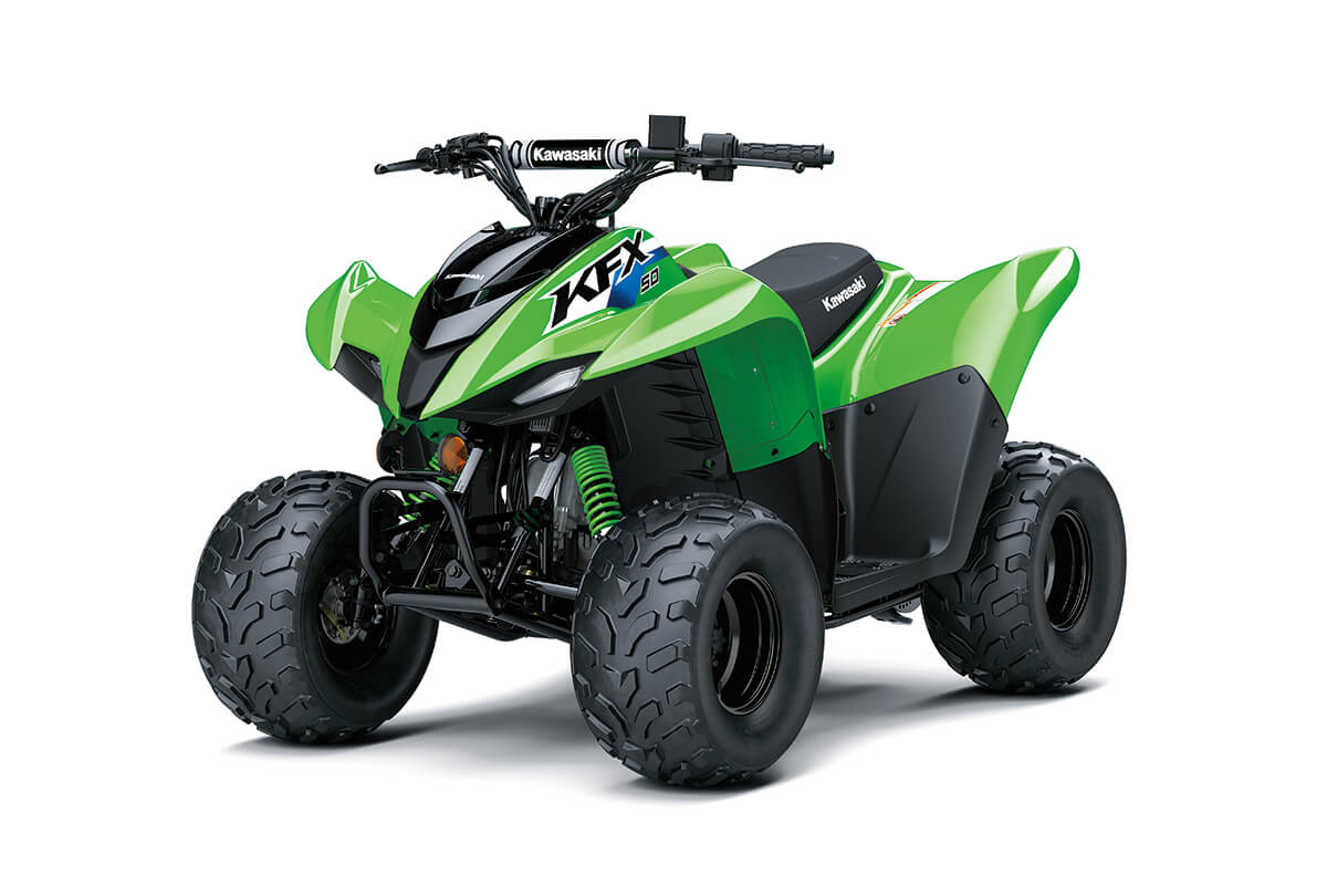 Three-quarter front angle of an ATV staged in a white studio background.