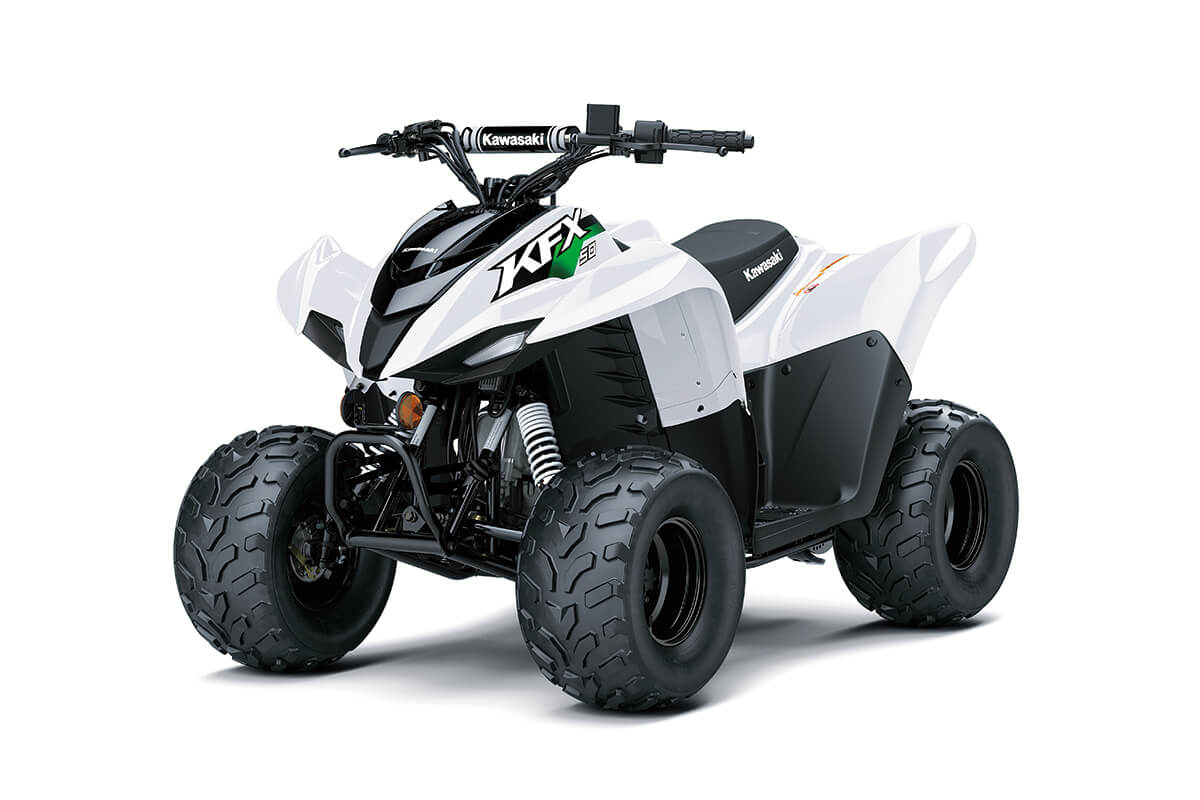 Three-quarter front angle of a white ATV staged in a white studio background.