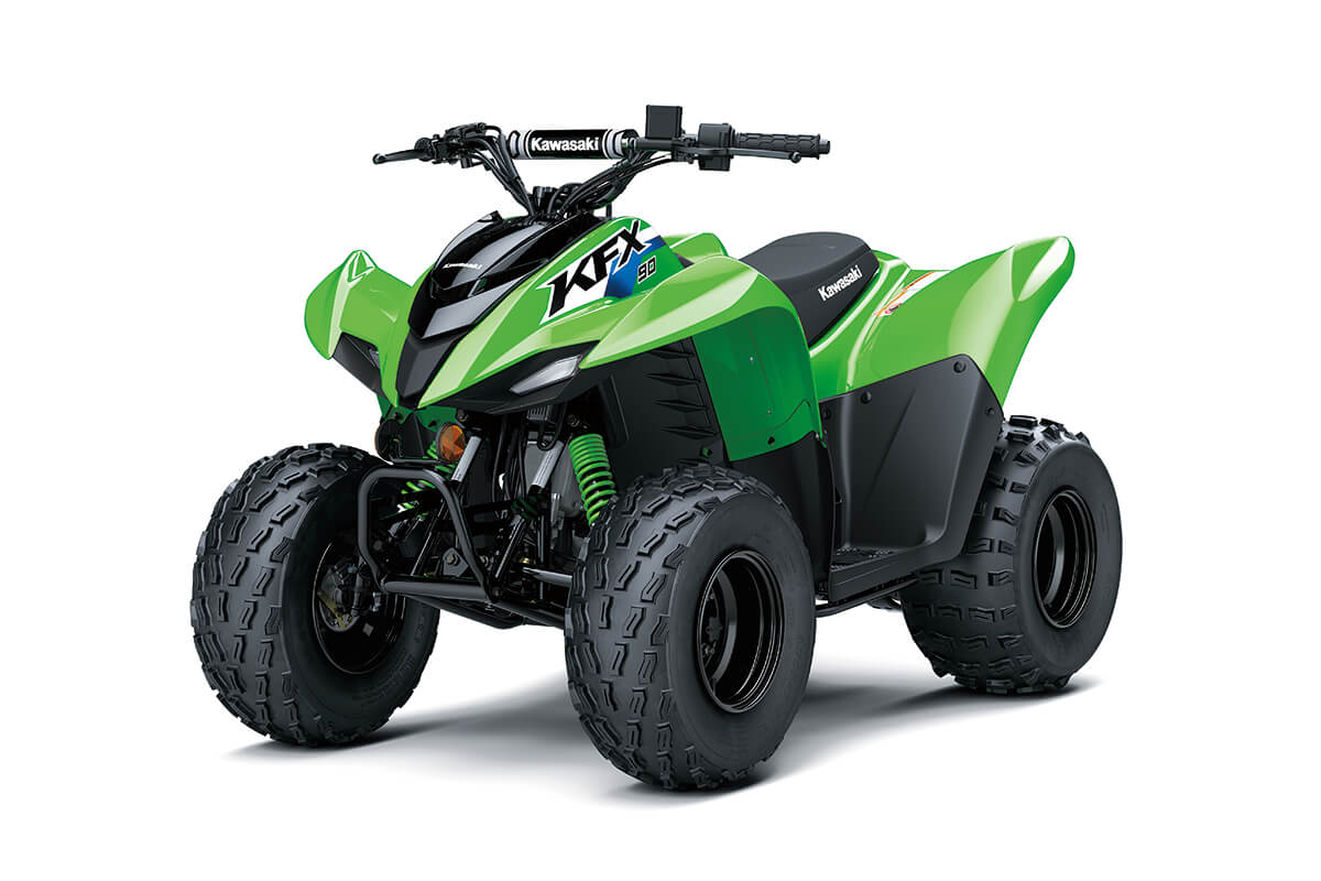 Three-quarter front angle of an ATV staged in a white studio background.