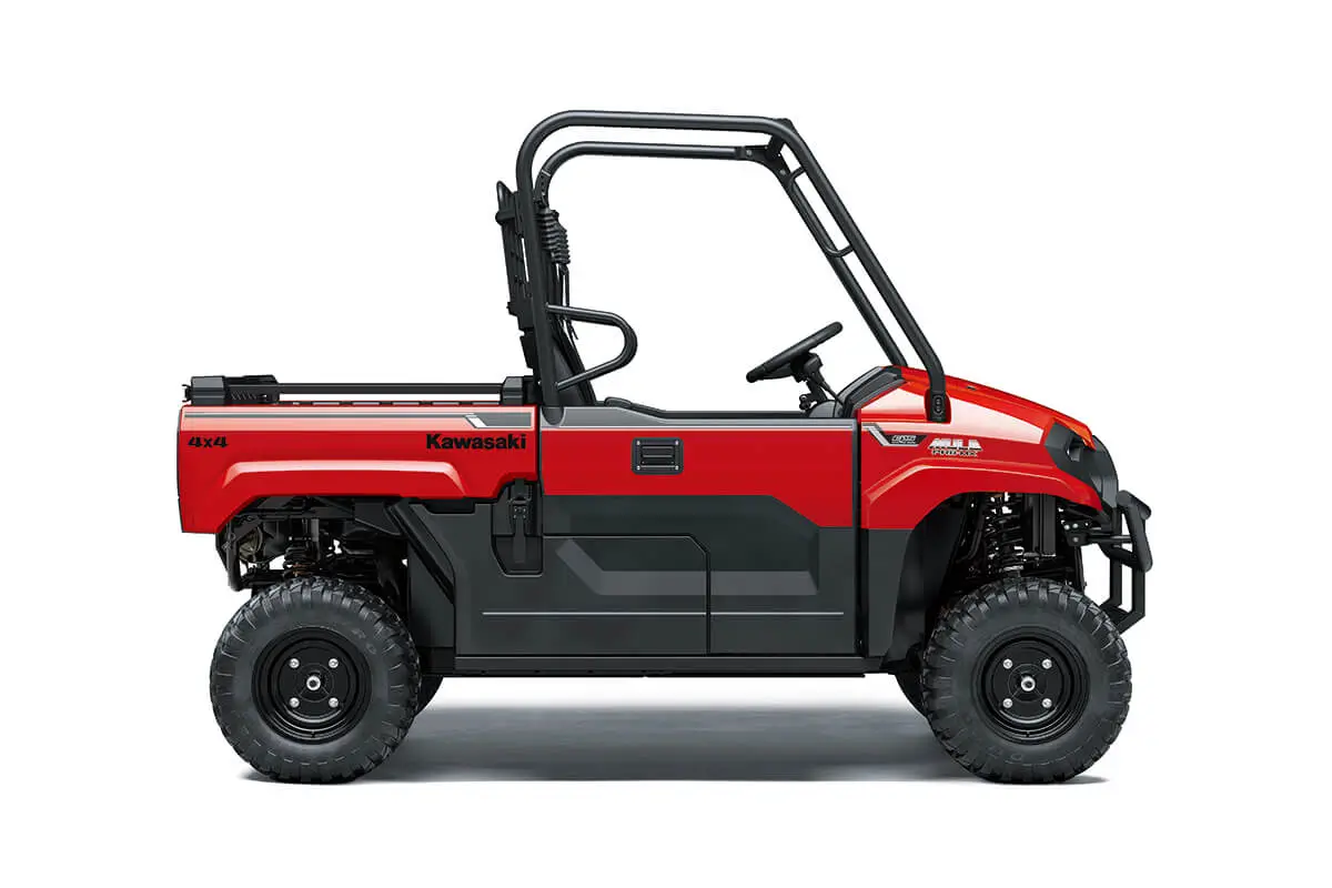 Profile angle of a red side x side staged in a white studio background.