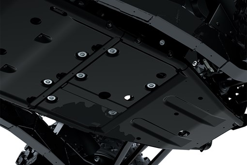 Close-up view of a skid plate on a side x side staged in a white studio background. opens in a new window