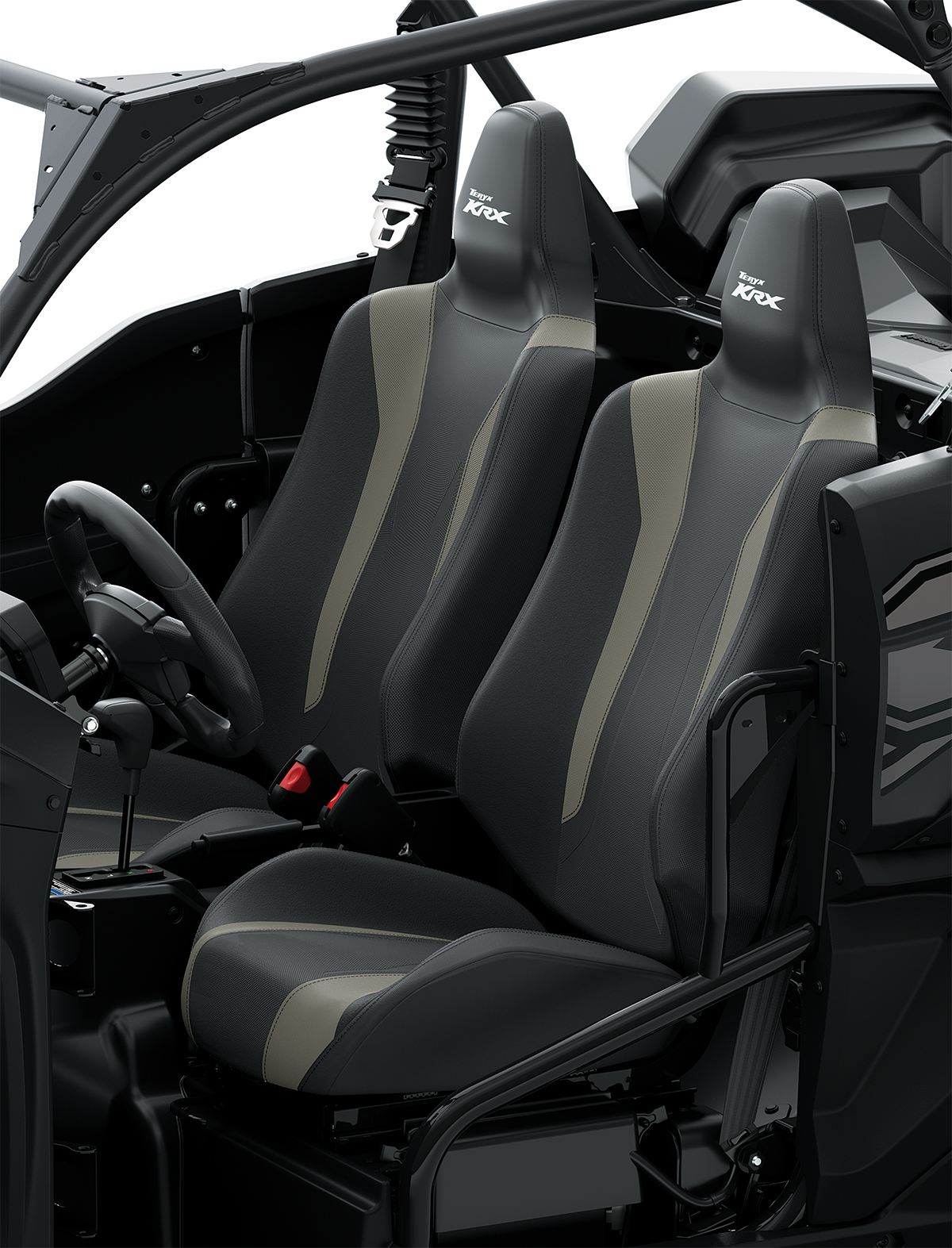 Close-up view of the driver and passenger seats in a side x side staged in a white studio background.