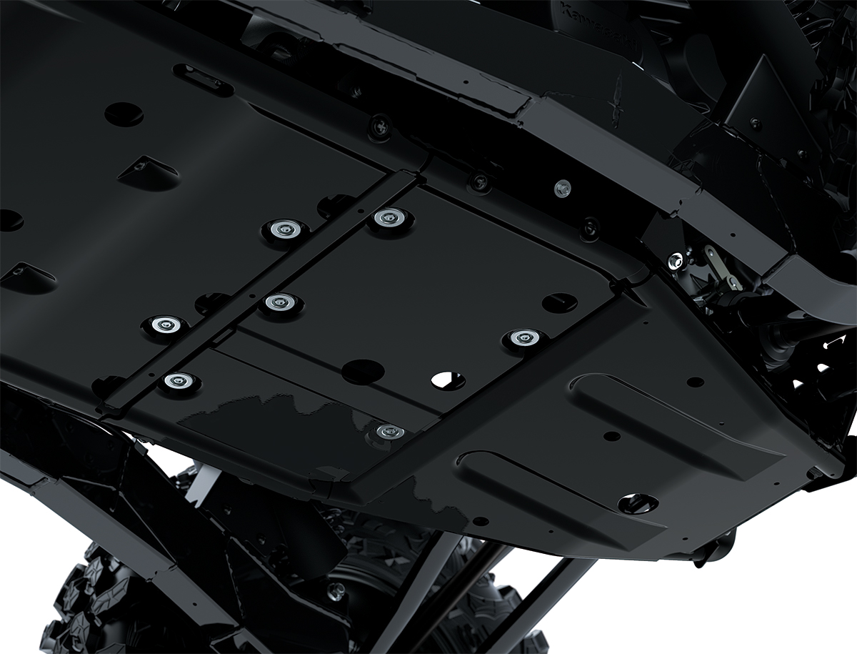 Close-up view of the skid plate on a side x side staged in a white studio background.