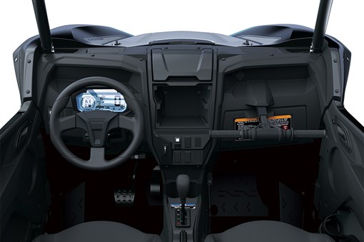 Center view of the steering wheel and dashboard of a side x side staged in a white studio background. opens in a new window