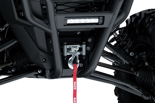 Close-up view of the winch on a side x side staged in a white studio background. opens in a new window