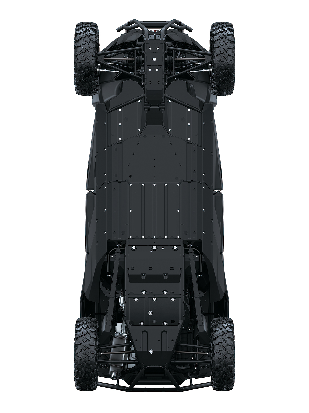 Bottom view of a side x side staged in a white studio background.