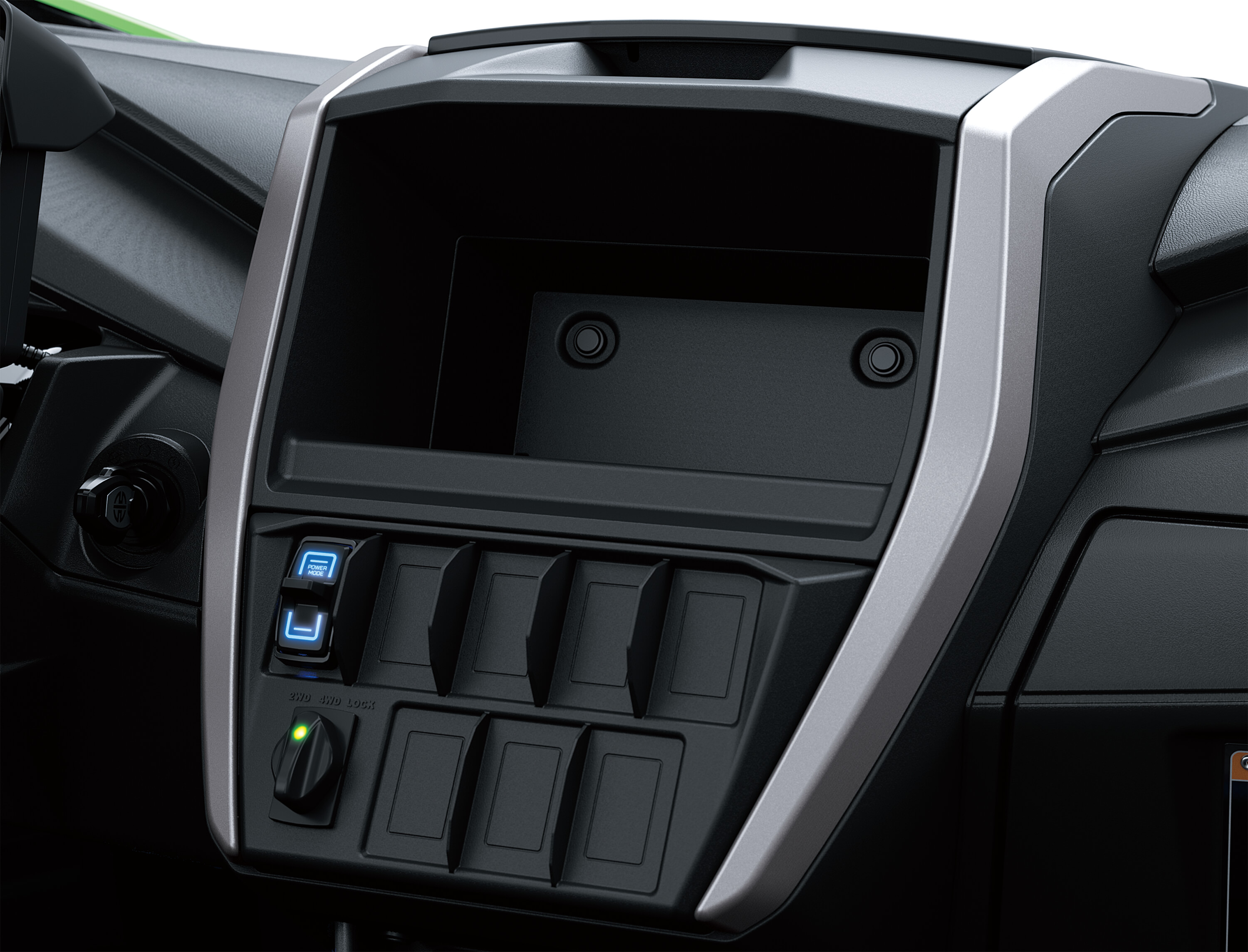 No infotainment screen inside a a side x side in a white studio background.