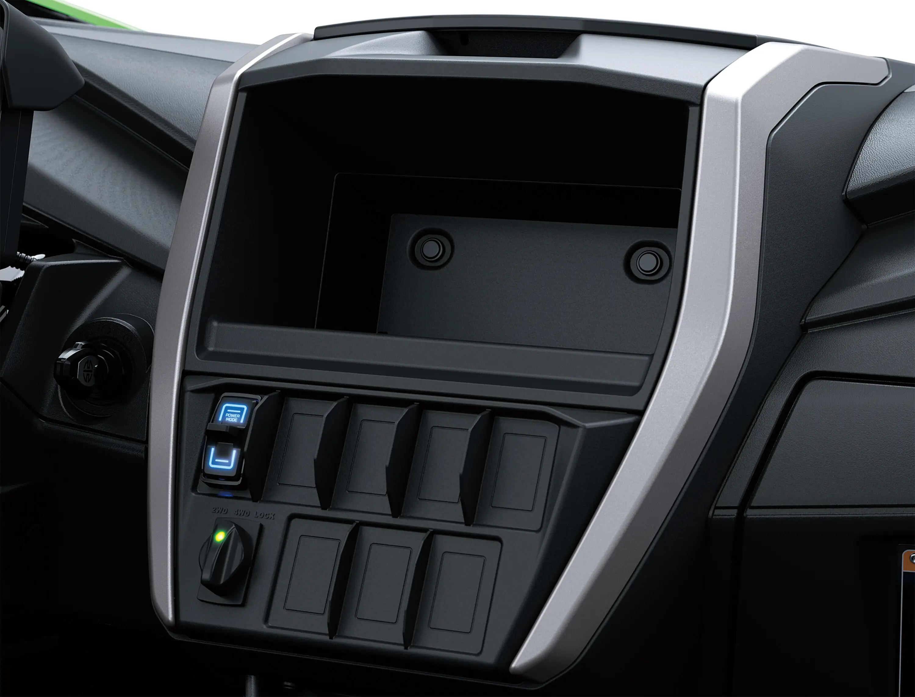 No infotainment screen inside a a side x side in a white studio background.