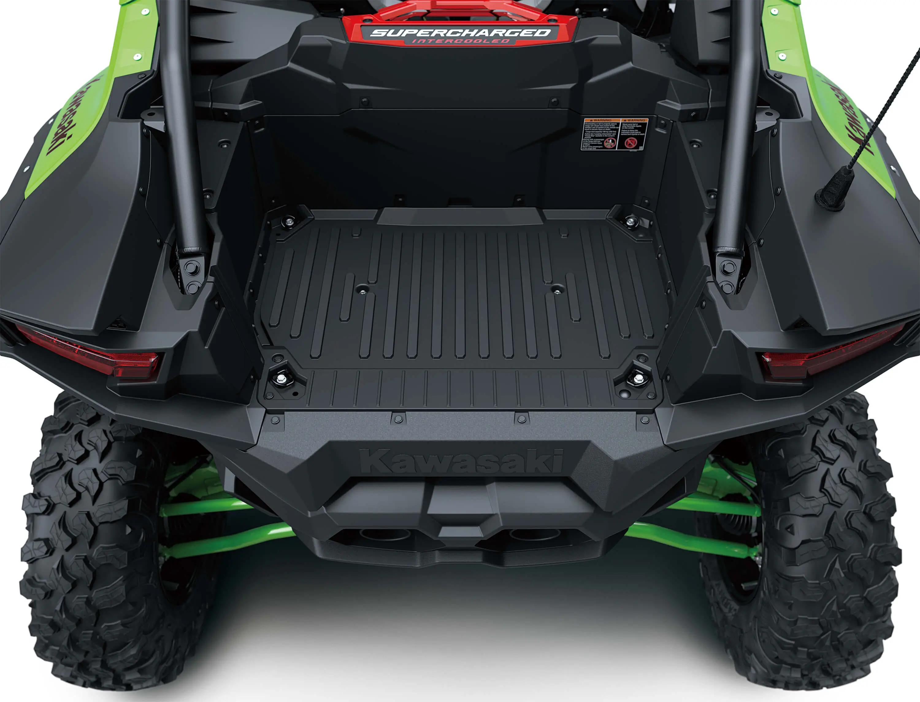 Overhead angle of rear storage on a side x side in a white studio background.