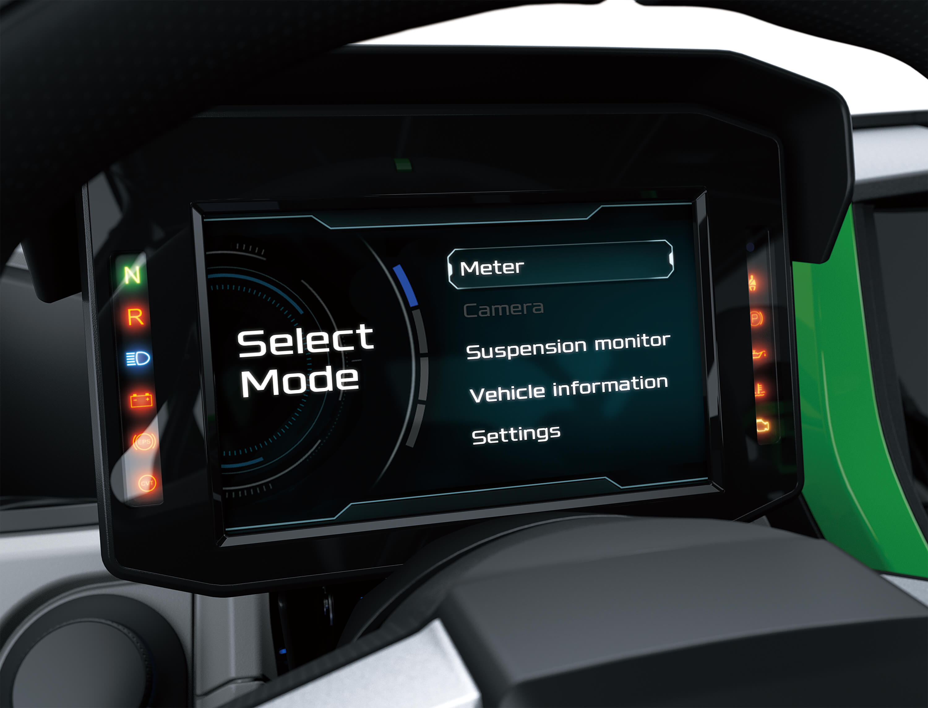 Mode selection on an infotainment screen inside a side x side in a white studio background.