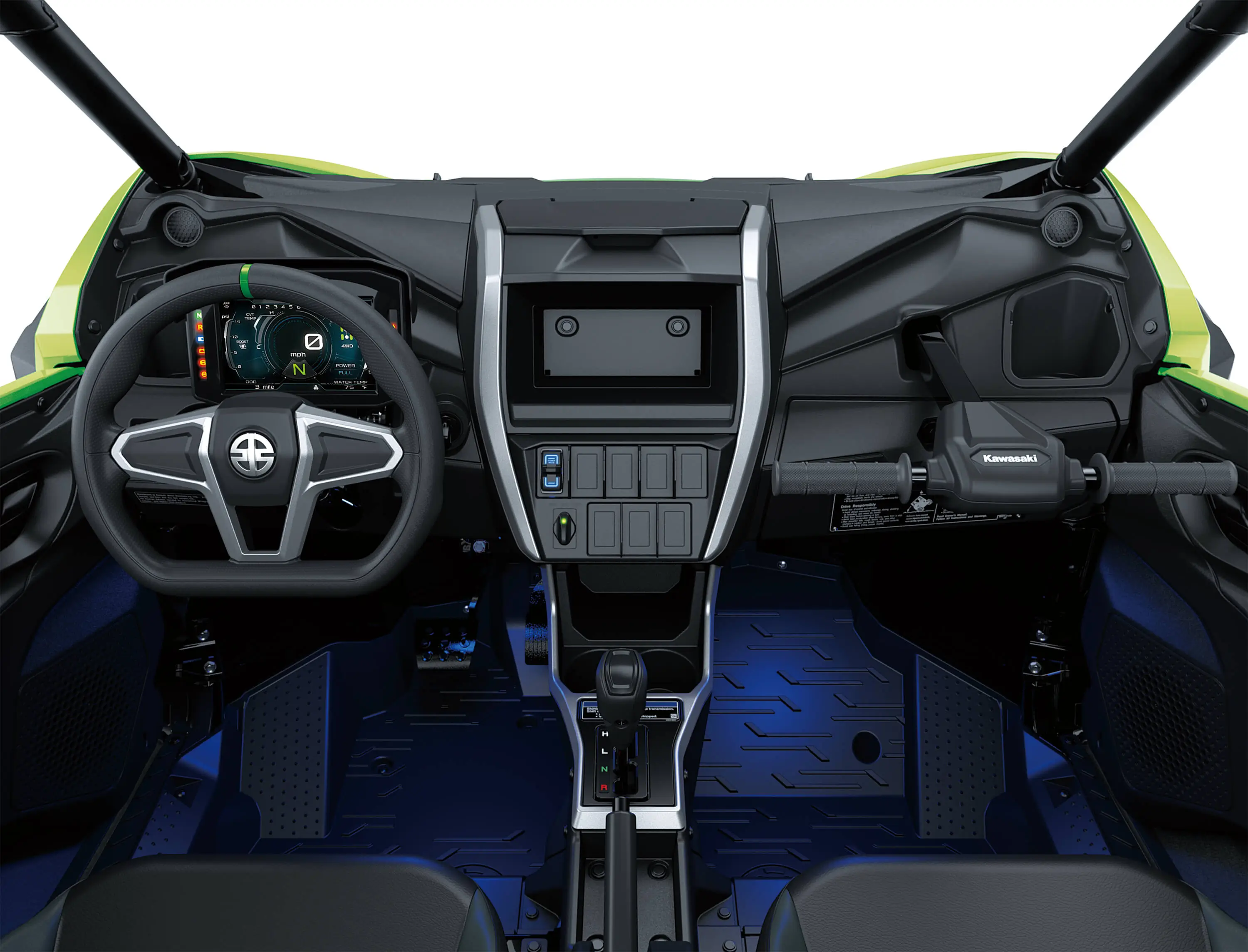 POV angle of the driver compartment inside a side x side in a white studio background.