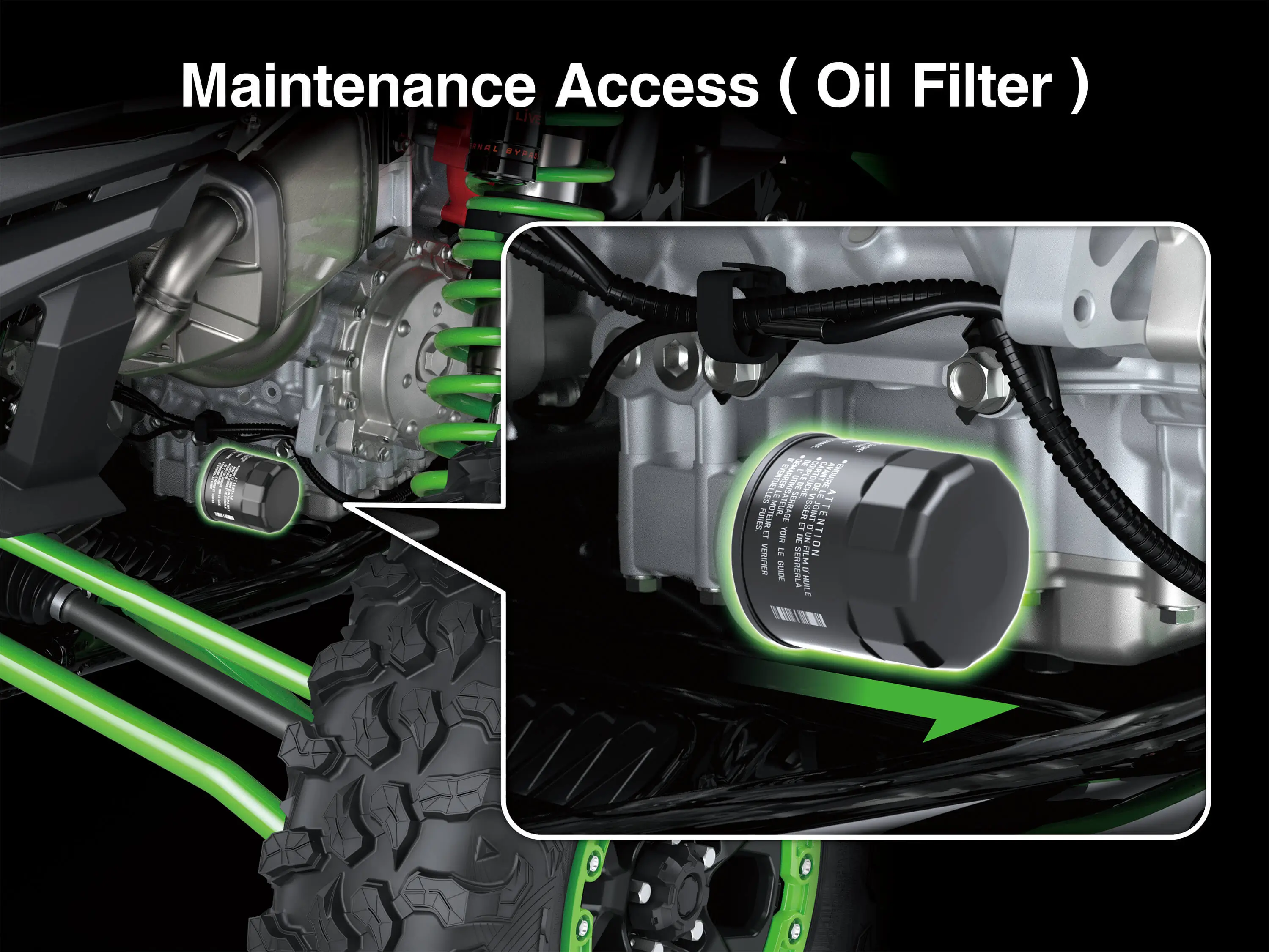 Graphic treatment of a side x side oil filter access.
