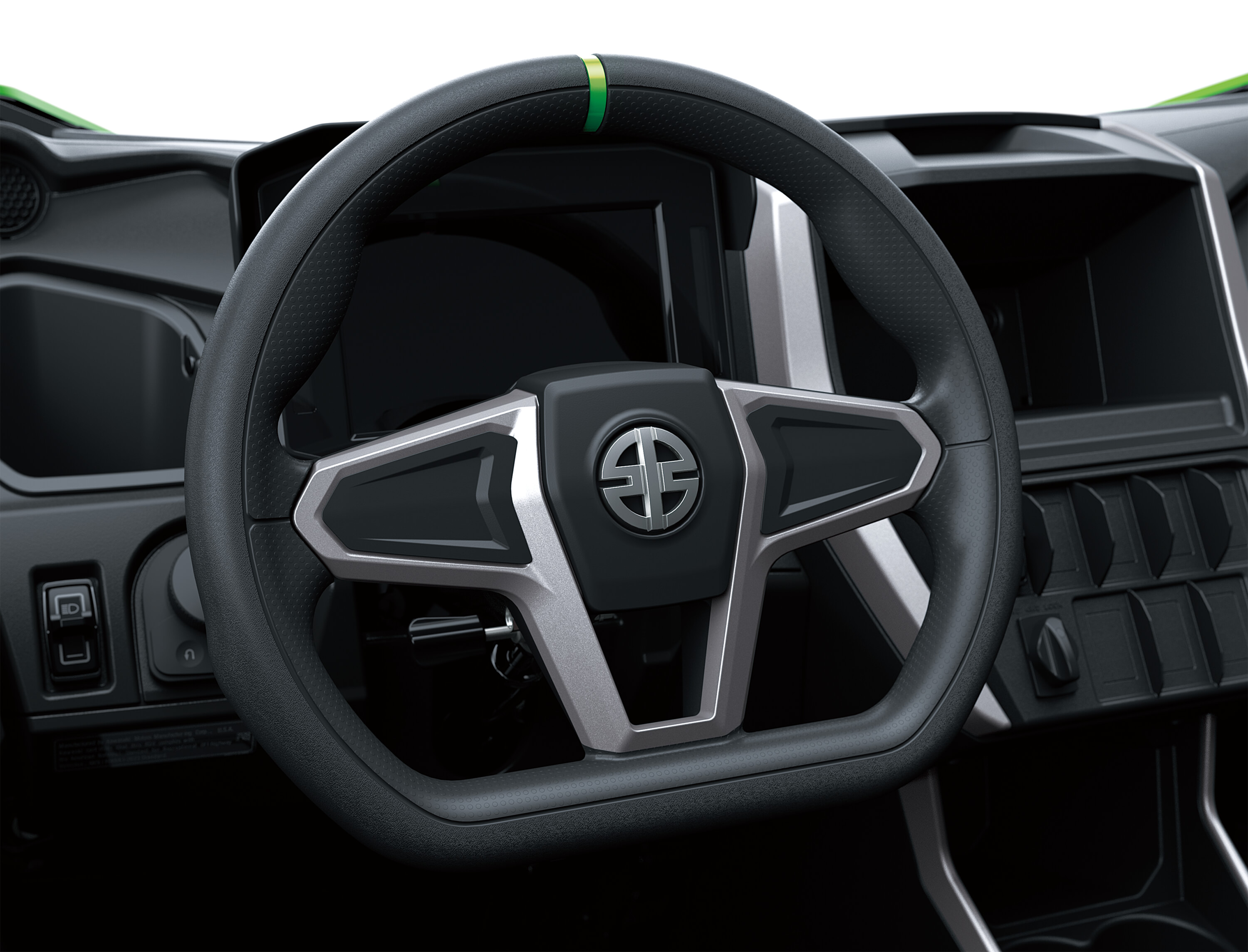 Close-up of a steering wheel on a side x side in a white studio background.