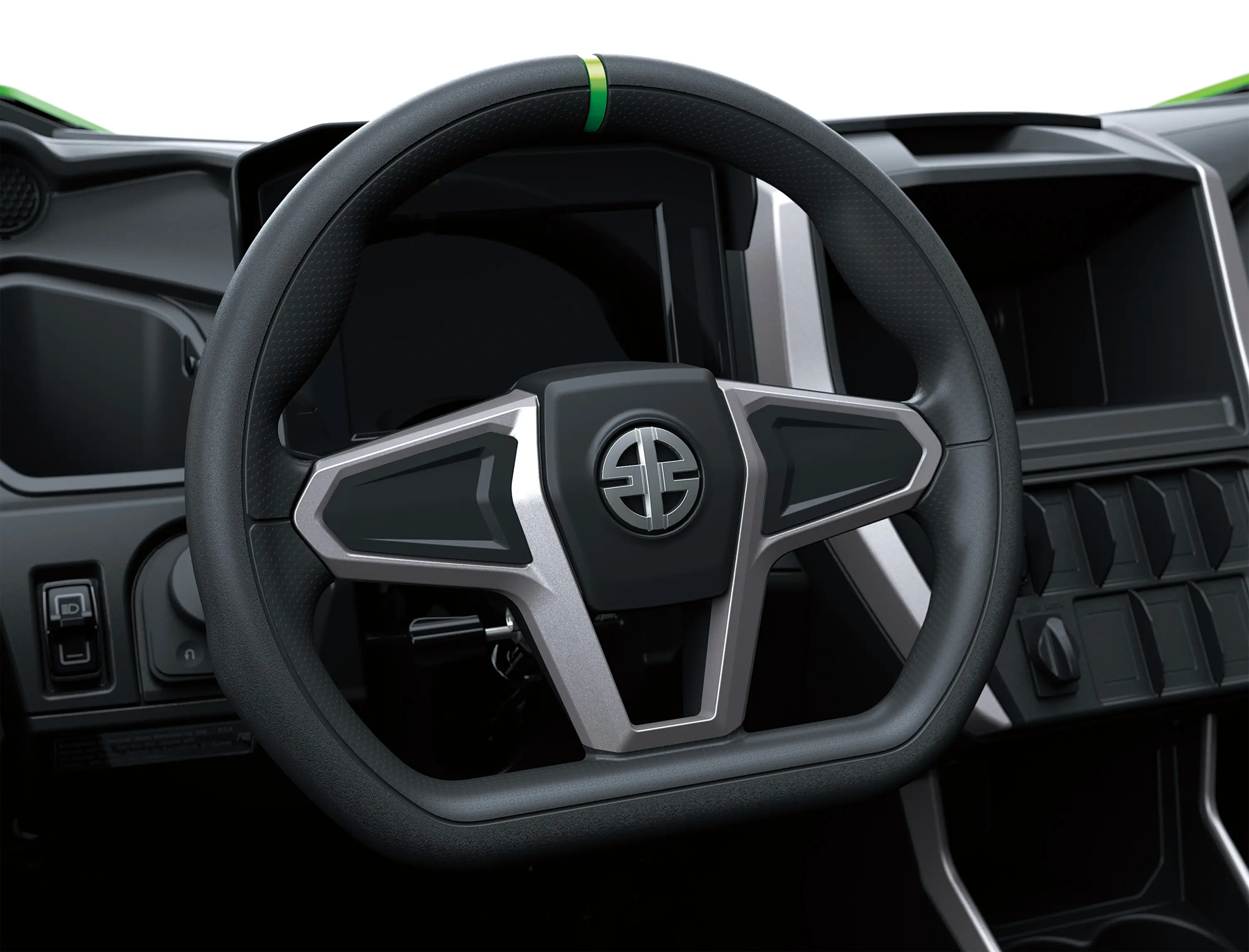 Close-up of a steering wheel on a side x side in a white studio background.