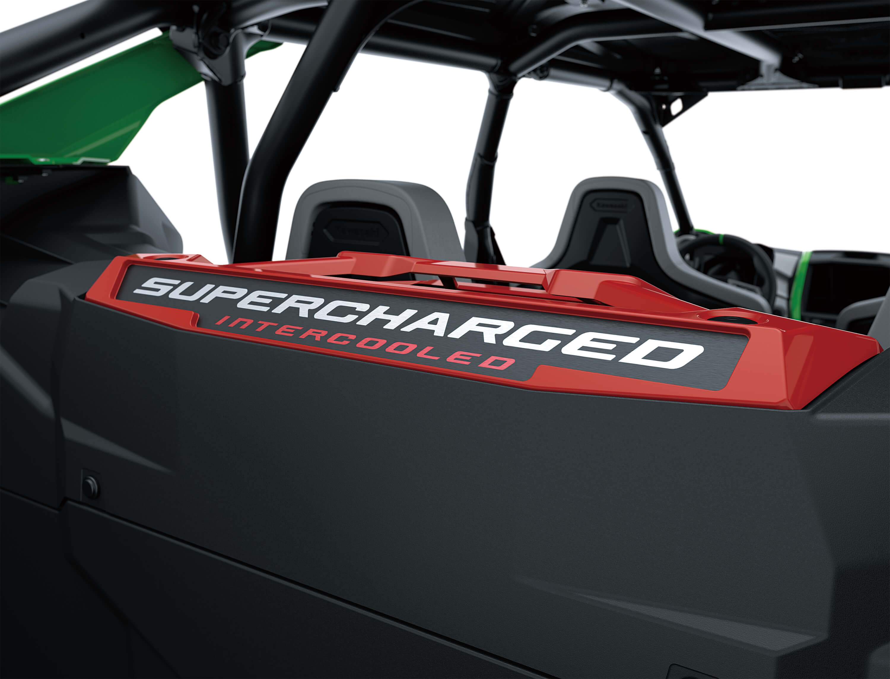 Close-up of Supercharged lettering on a side x side in a white studio background.