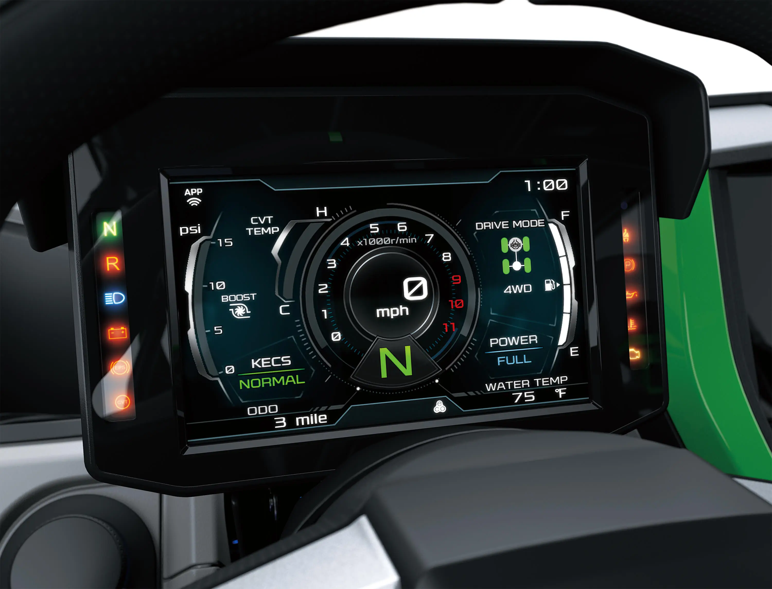 Another view of an infotainment screen inside a side x side in a white studio background.