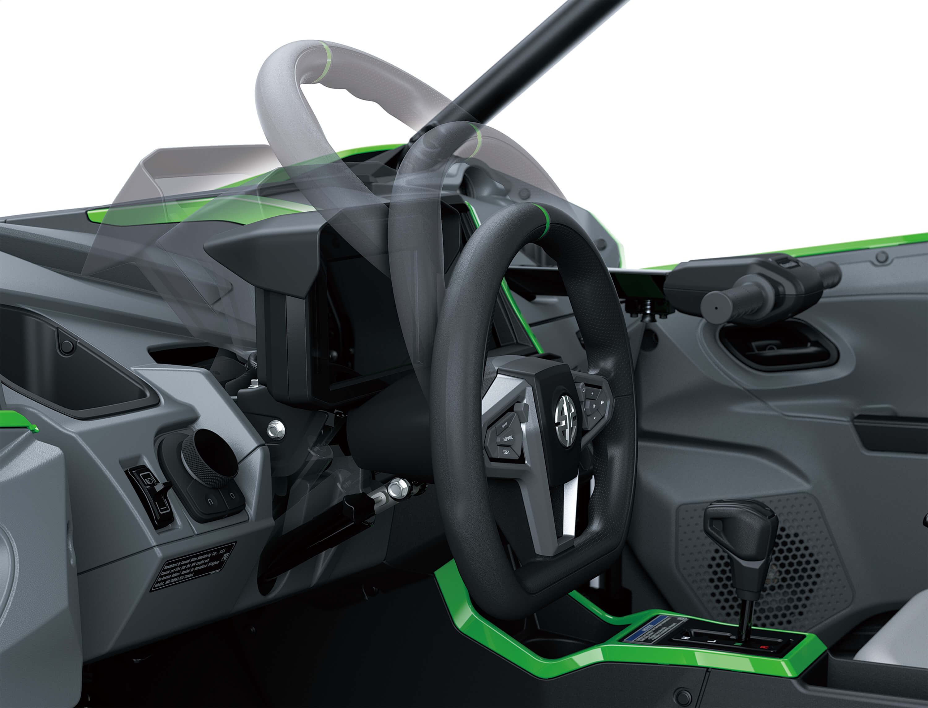 Example of steering wheel adjustability on a side x side in a white studio background.