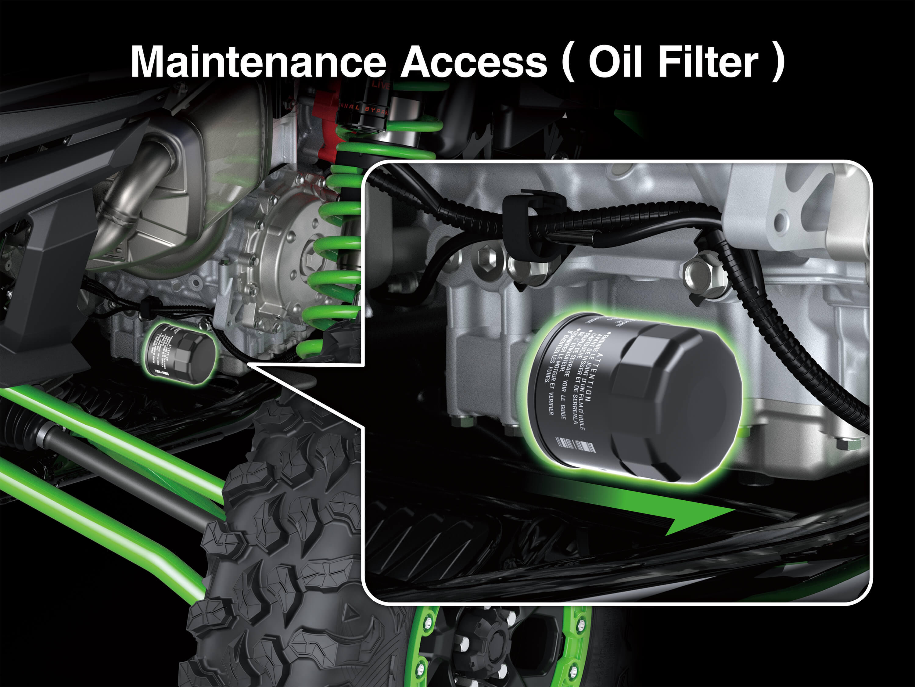 Graphic treatment of a side x side oil filter access.