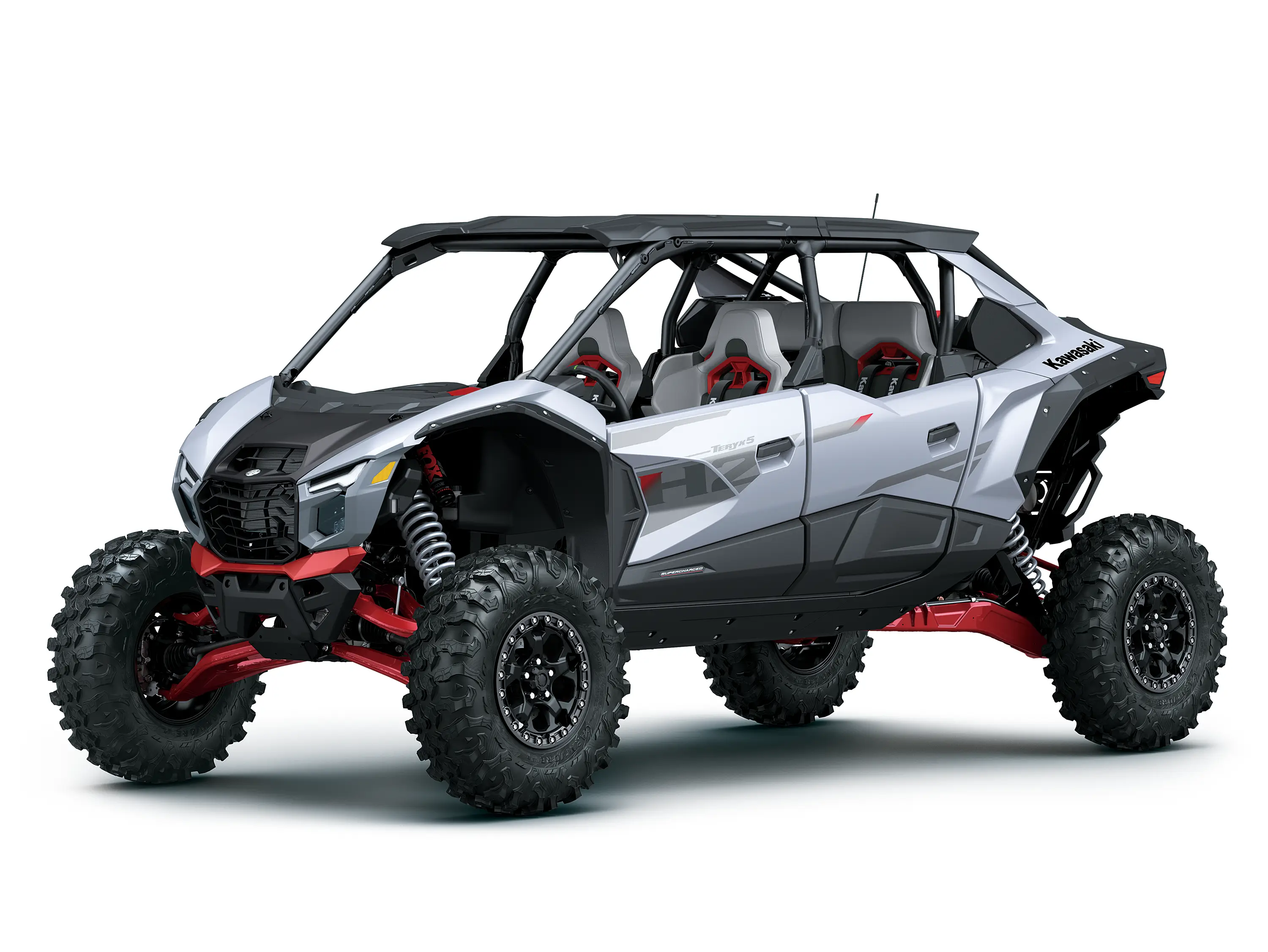 Three-quarter front angle of a silver side x side staged in a white studio background.