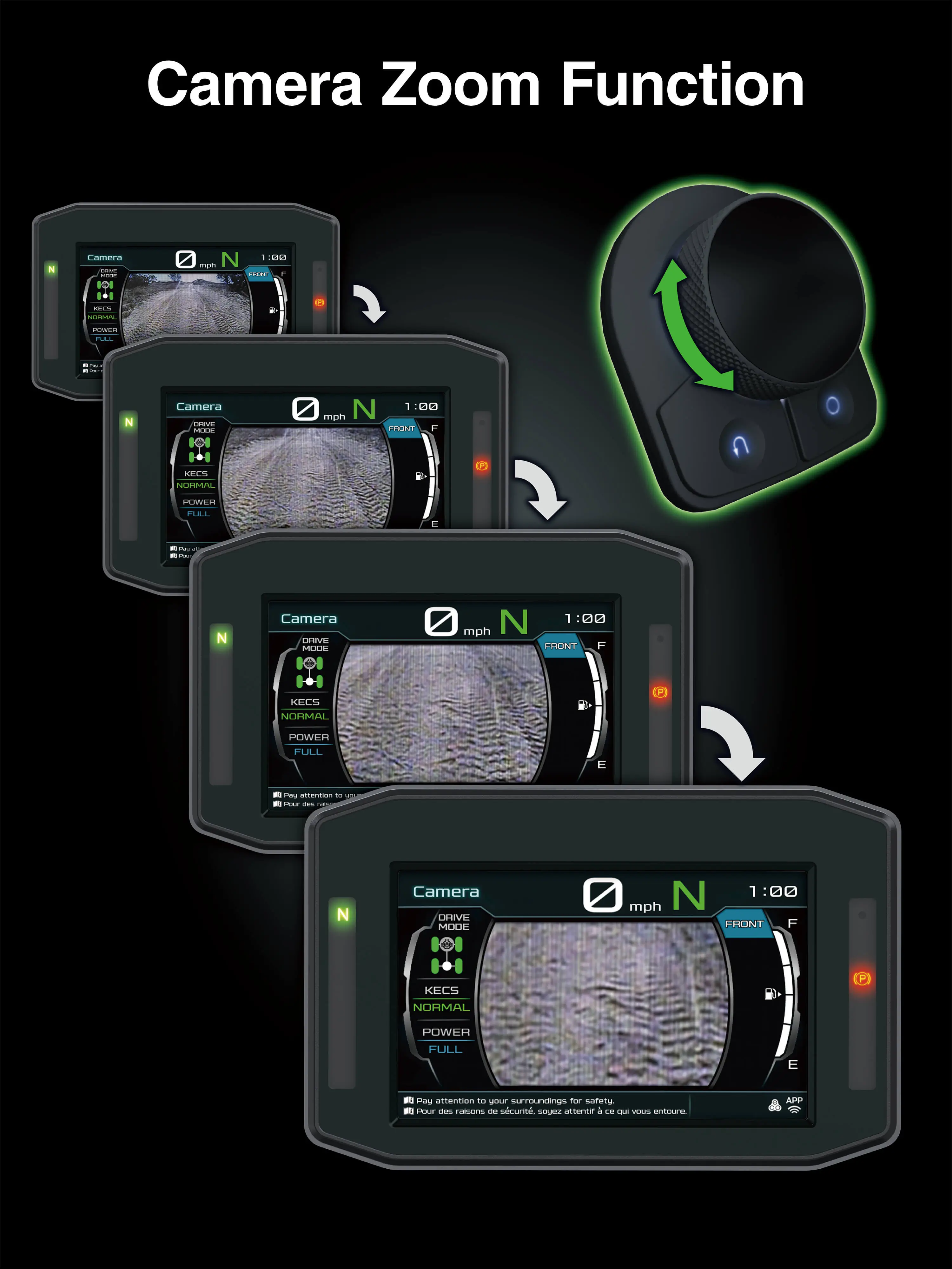 Graphic treatment of a side x side infotainment screen camera zoom function.