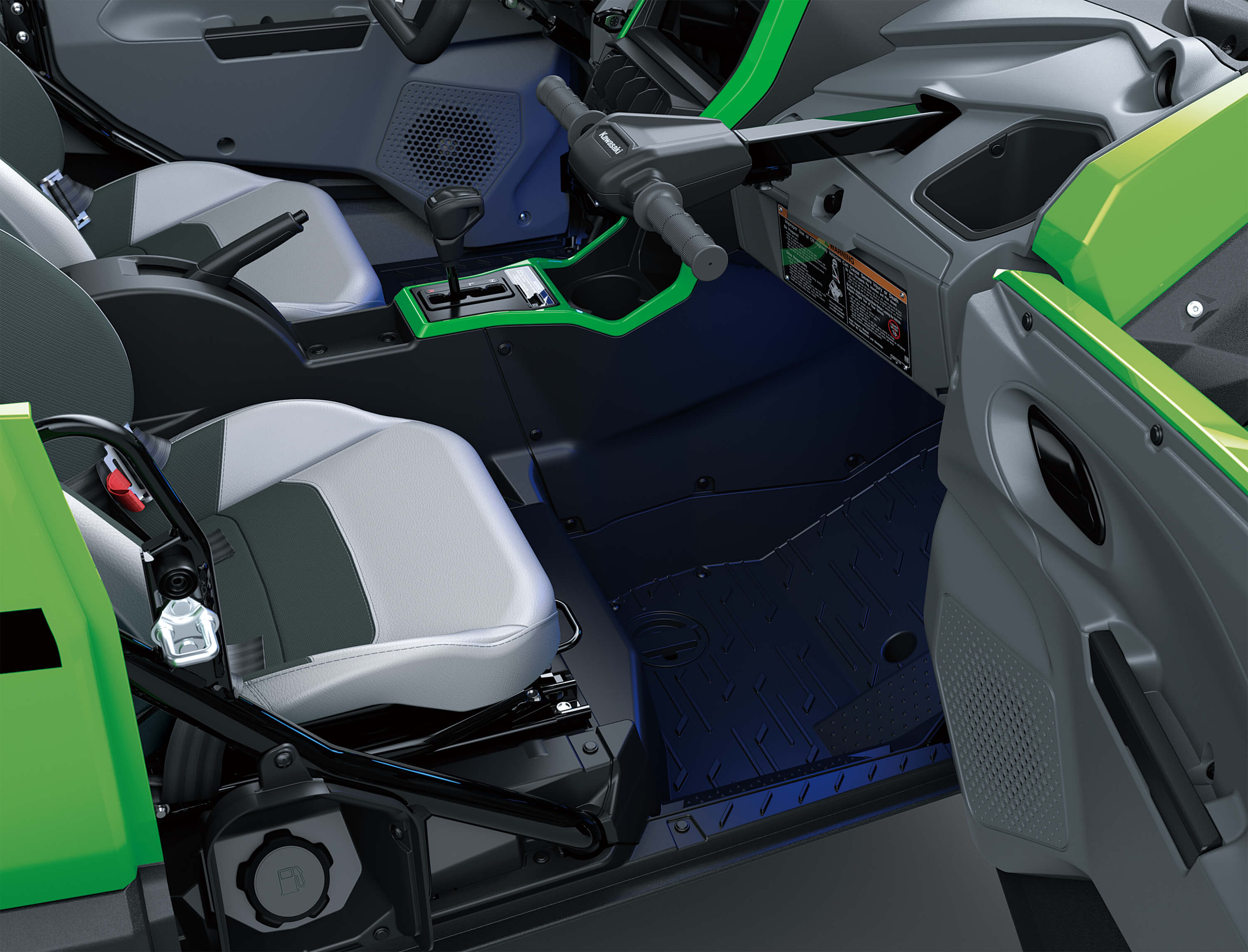 Overhead angle of front seats in a side x side in a white studio background.