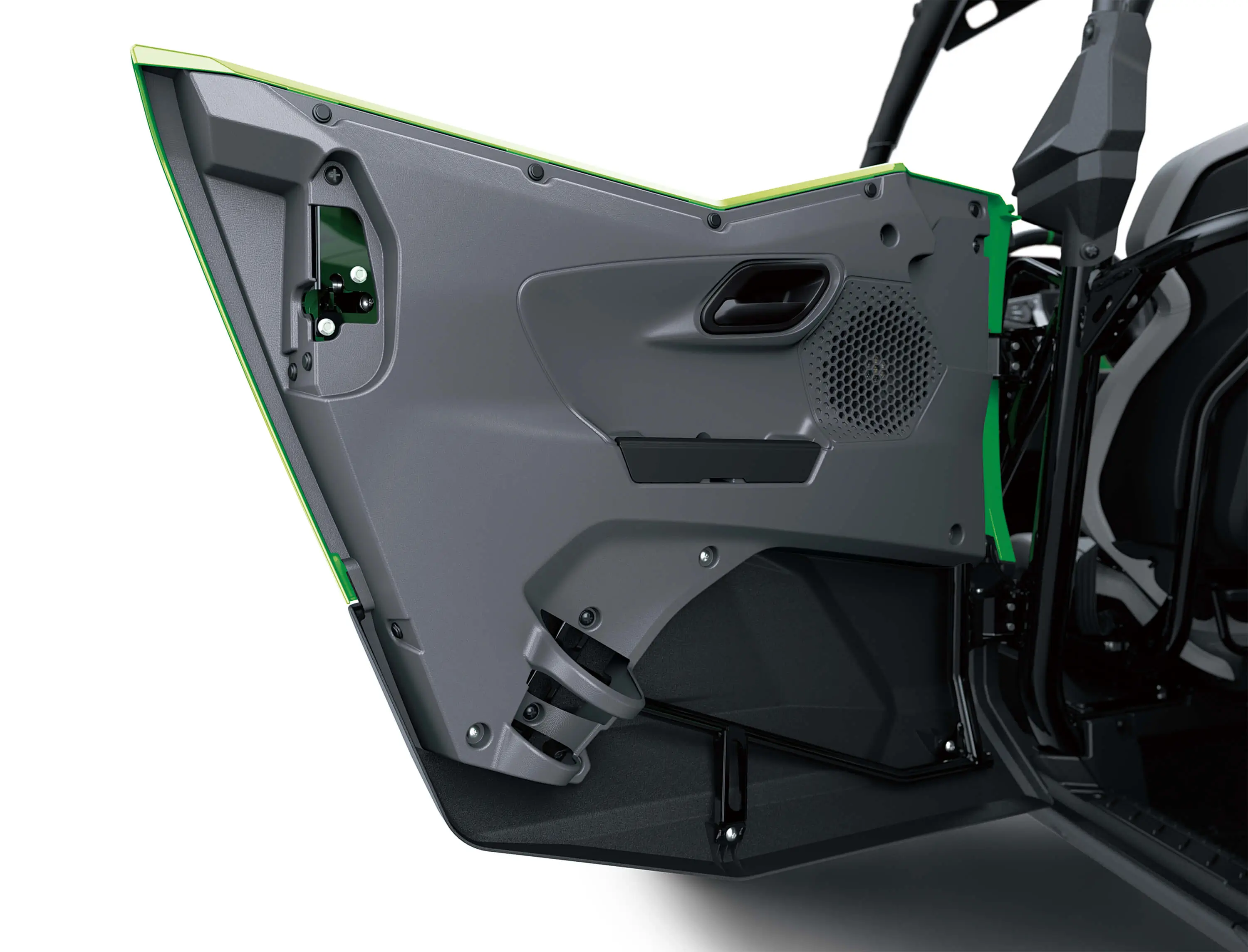 Another close-up of the interior of a door on a side x side in a white studio background.