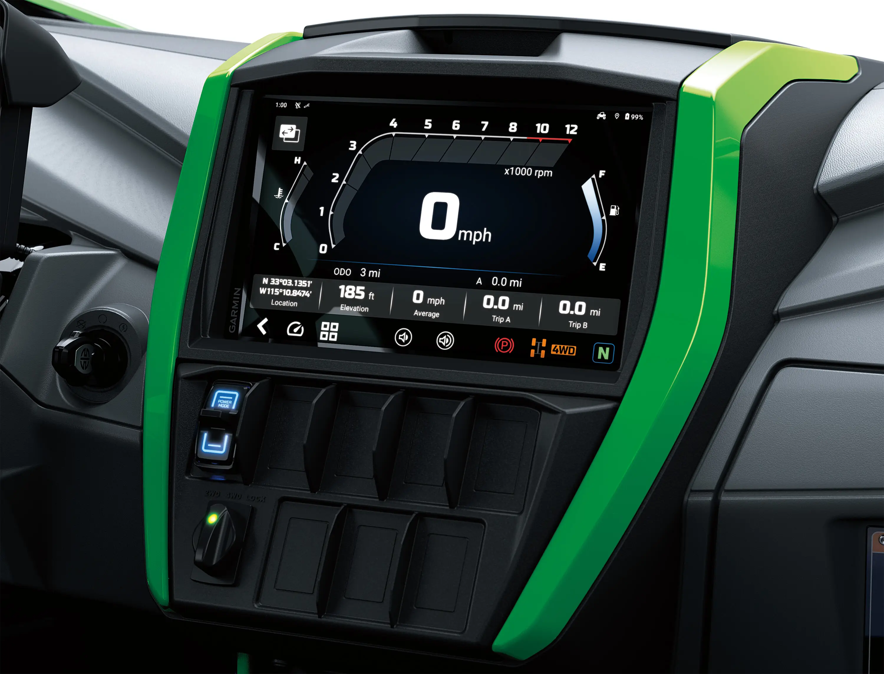 Overall infotainment screen view in a side x side in a white studio background.