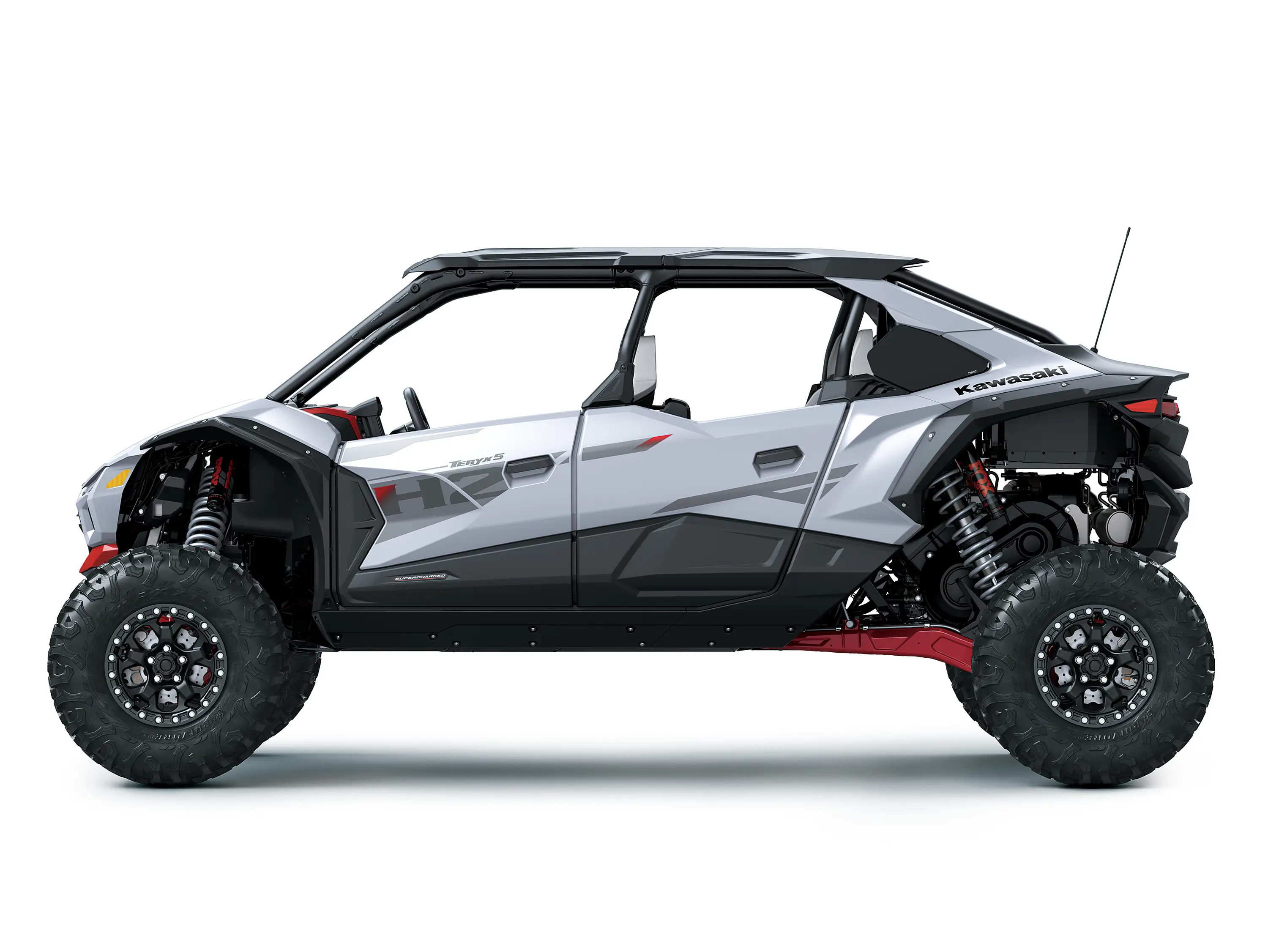 Side angle of a silver side x side staged in a white studio background.