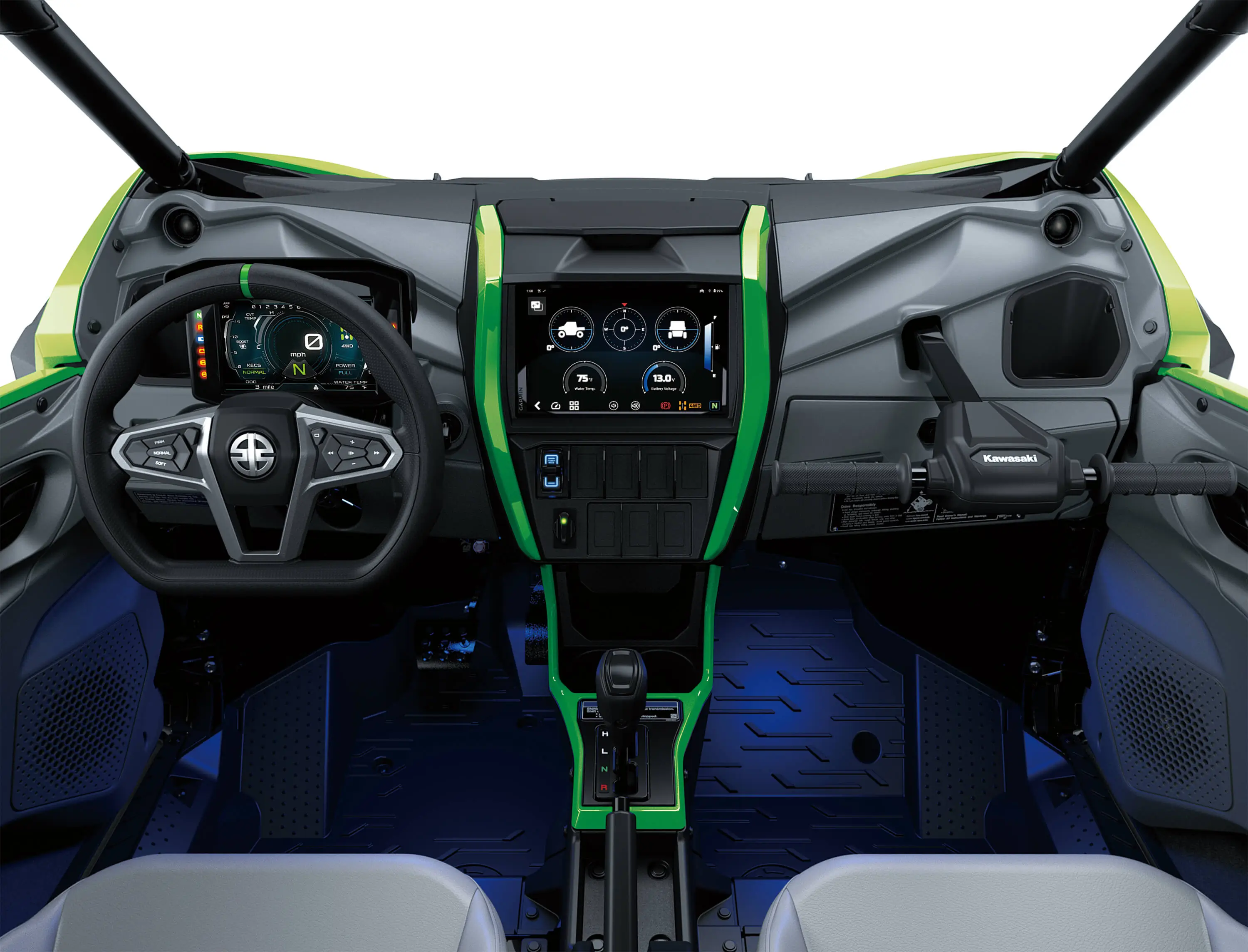 POV angle of the driver compartment inside a side x side in a white studio background.