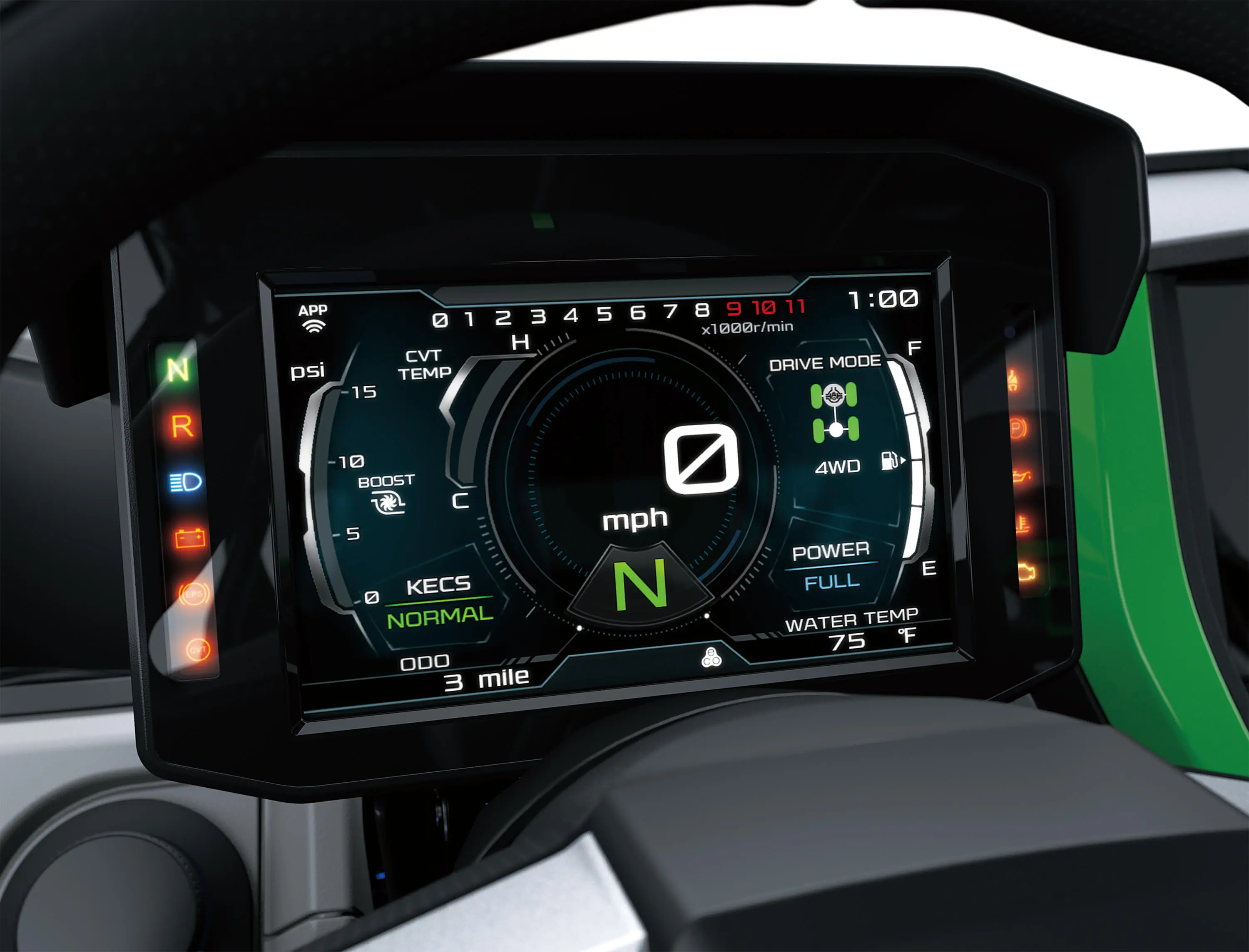 Infotainment screen inside a side x side in a white studio background.