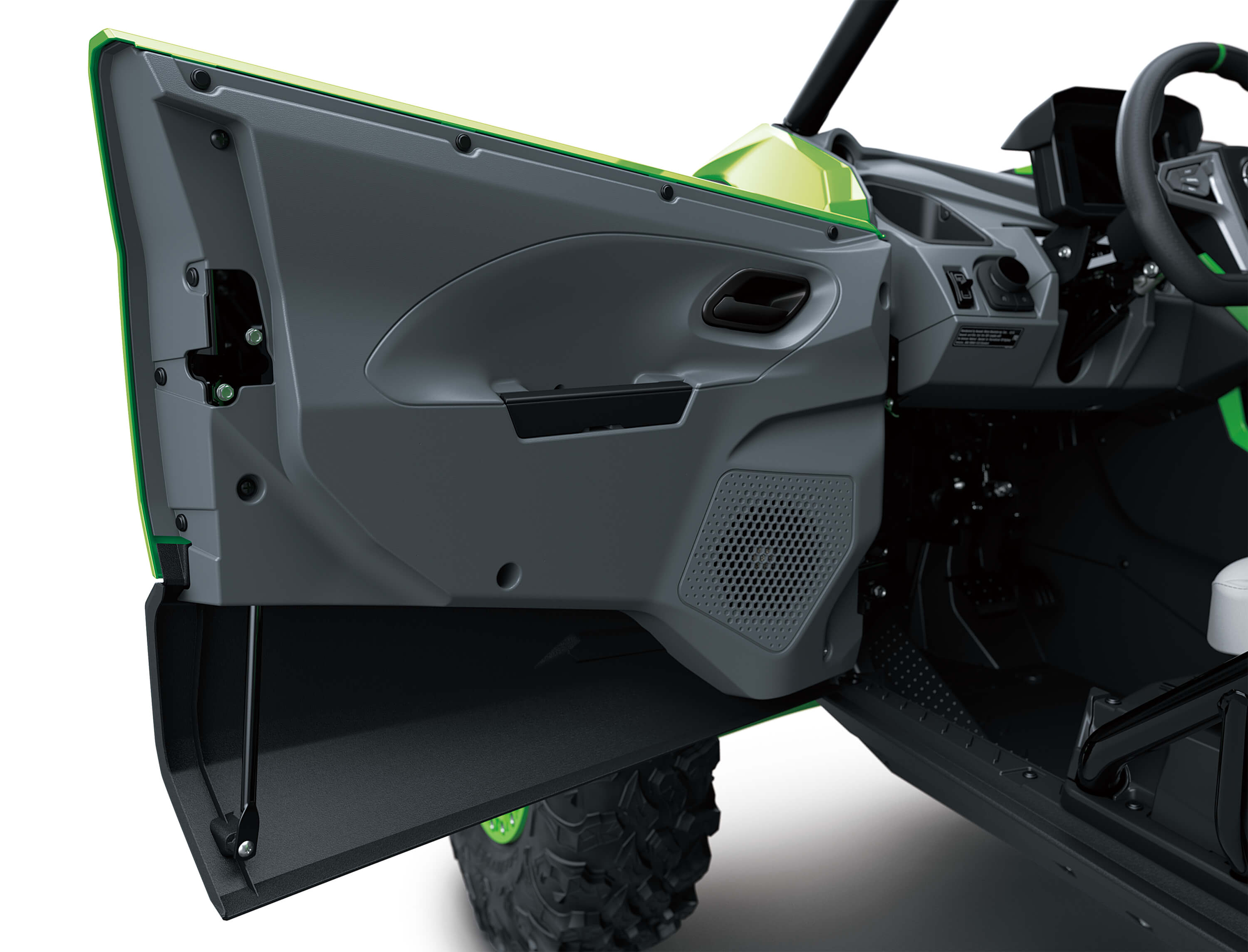 Close-up of the interior of a door on a side x side in a white studio background.