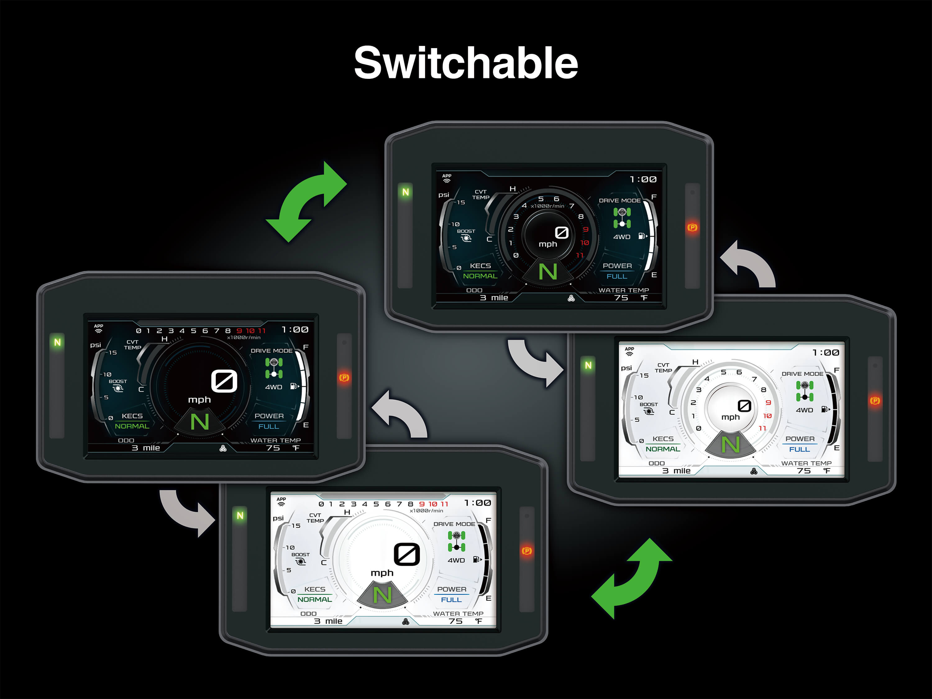 Graphic treatment of a side x side infotainment screen options.