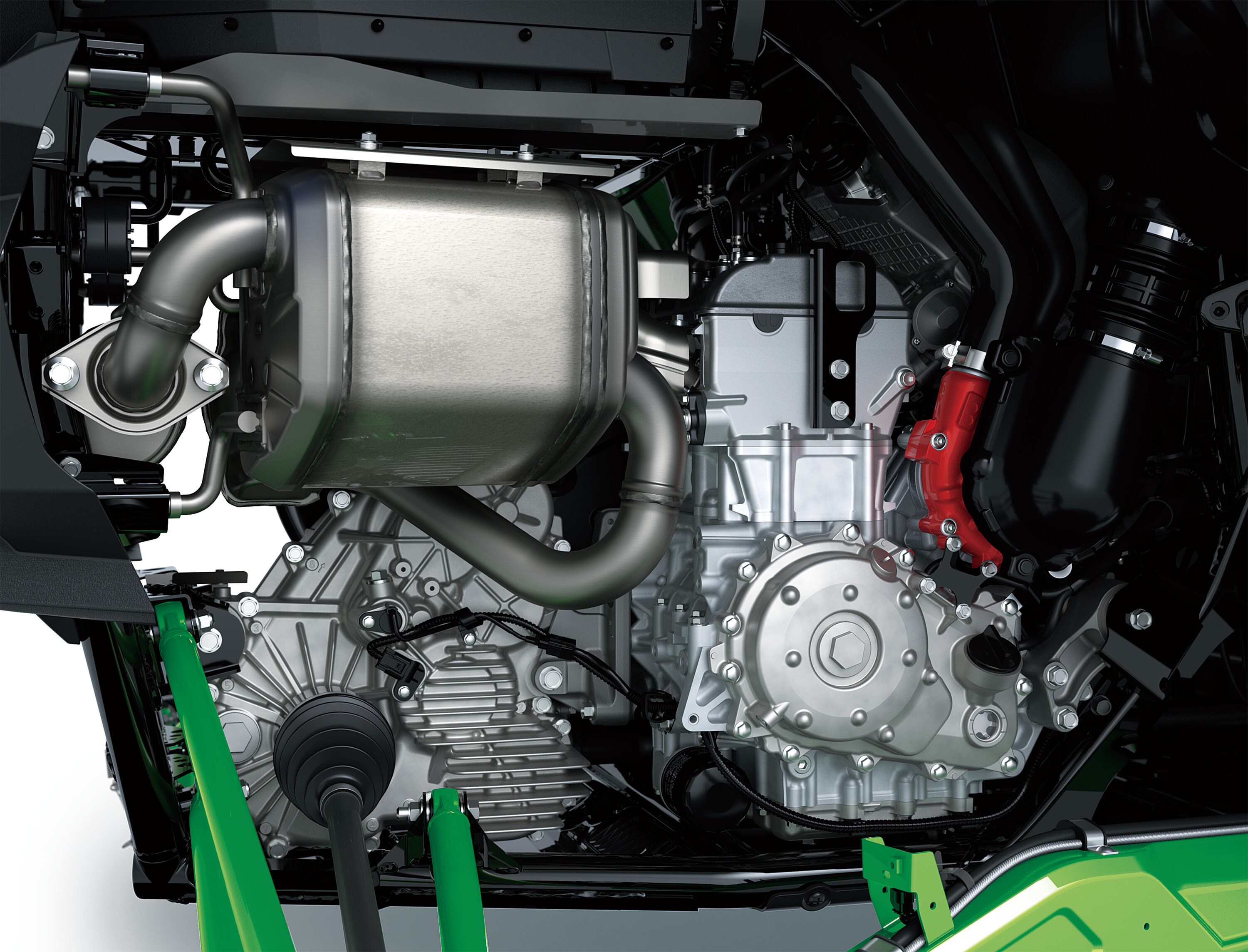 Overall view of an engine in a side x side in a white studio background.