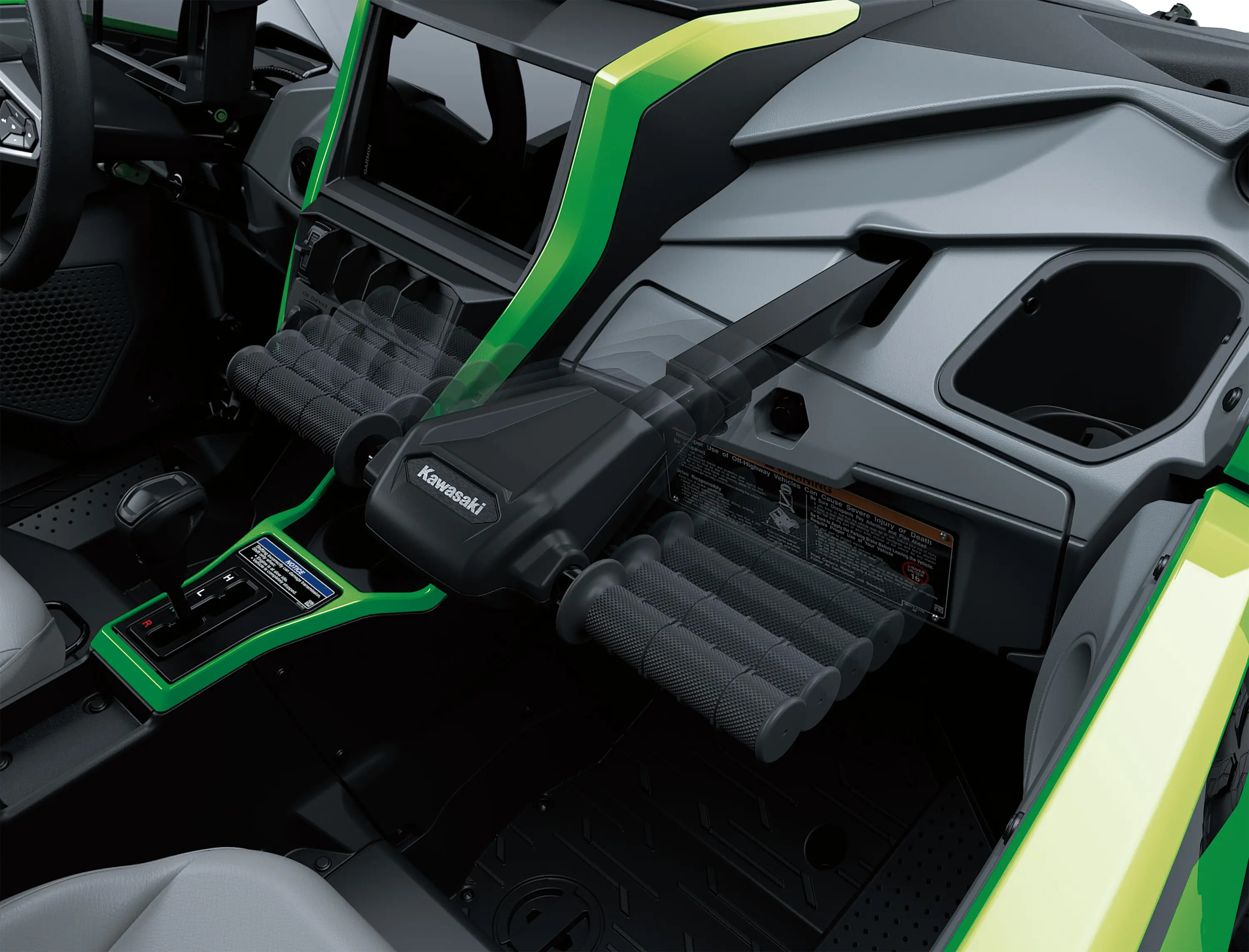 Front passenger compartment of a side x side in a white studio background.