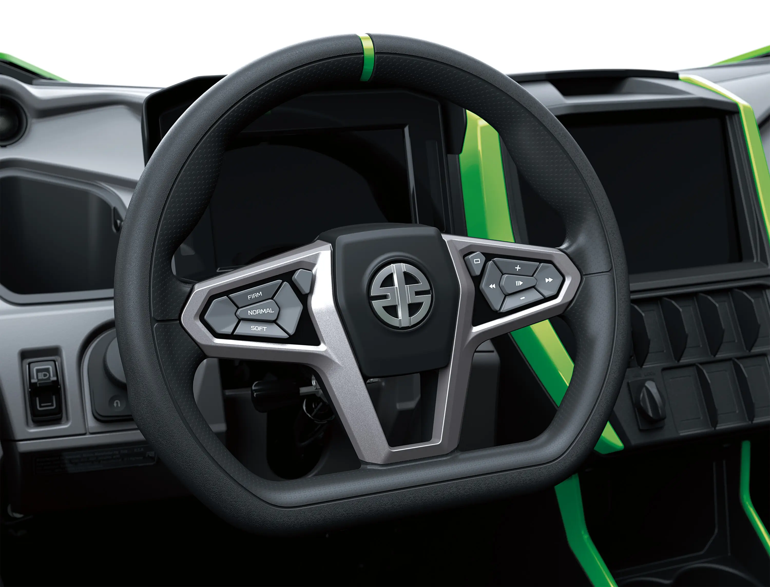 Close-up of a steering wheel on a side x side in a white studio background.