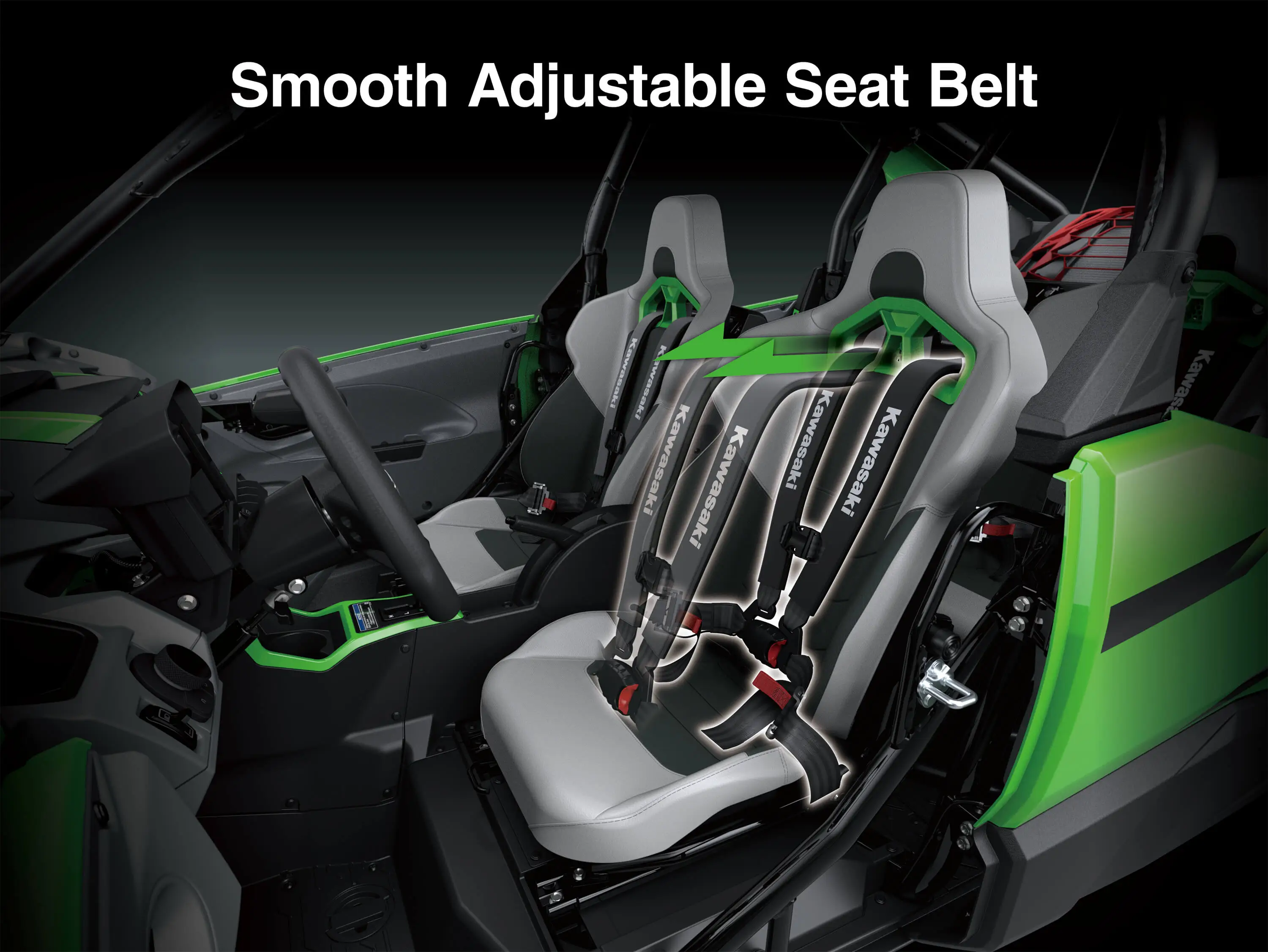 Graphic treatment of a side x side adjustable seat belt.