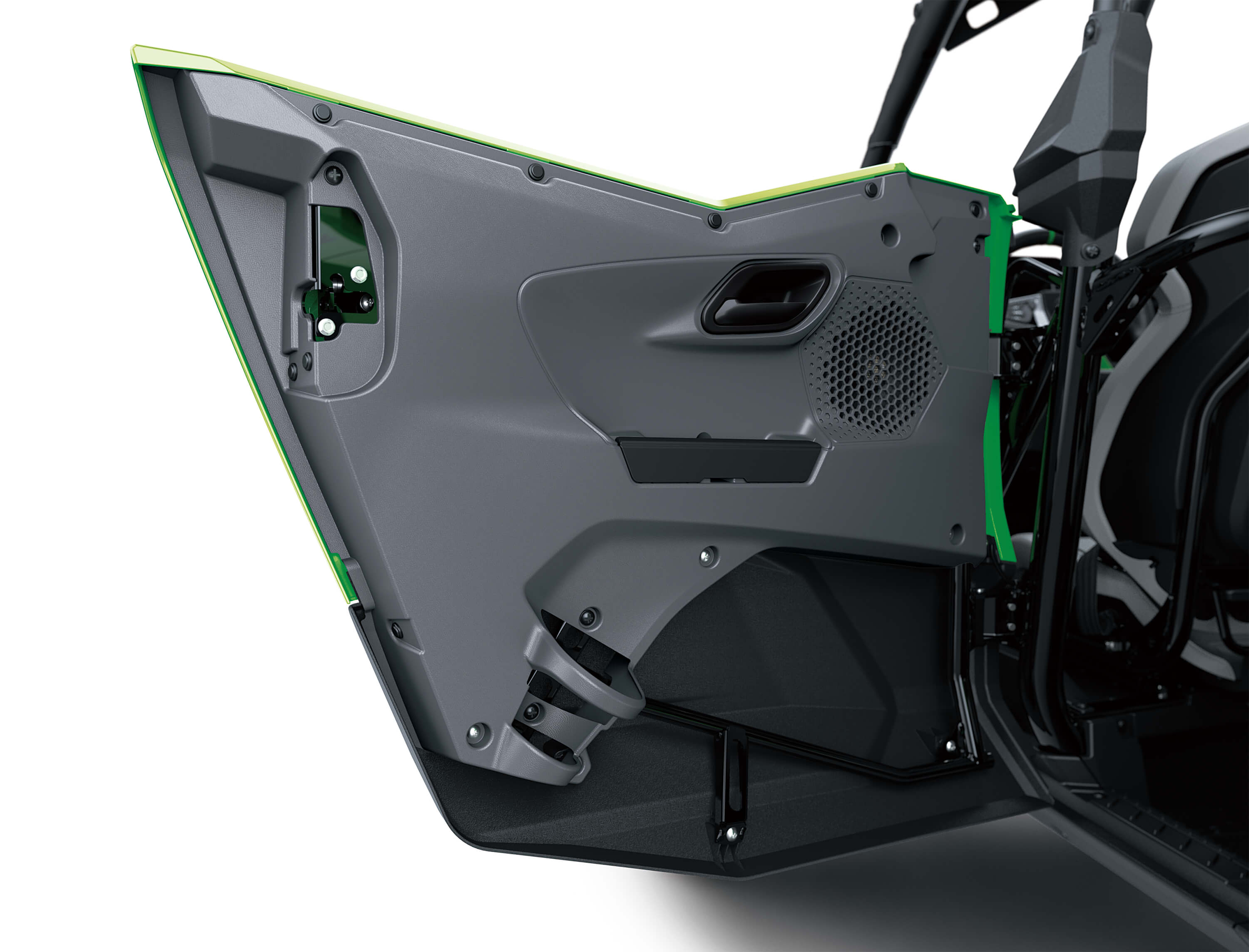 Close-up of the interior of a door on a side x side in a white studio background.