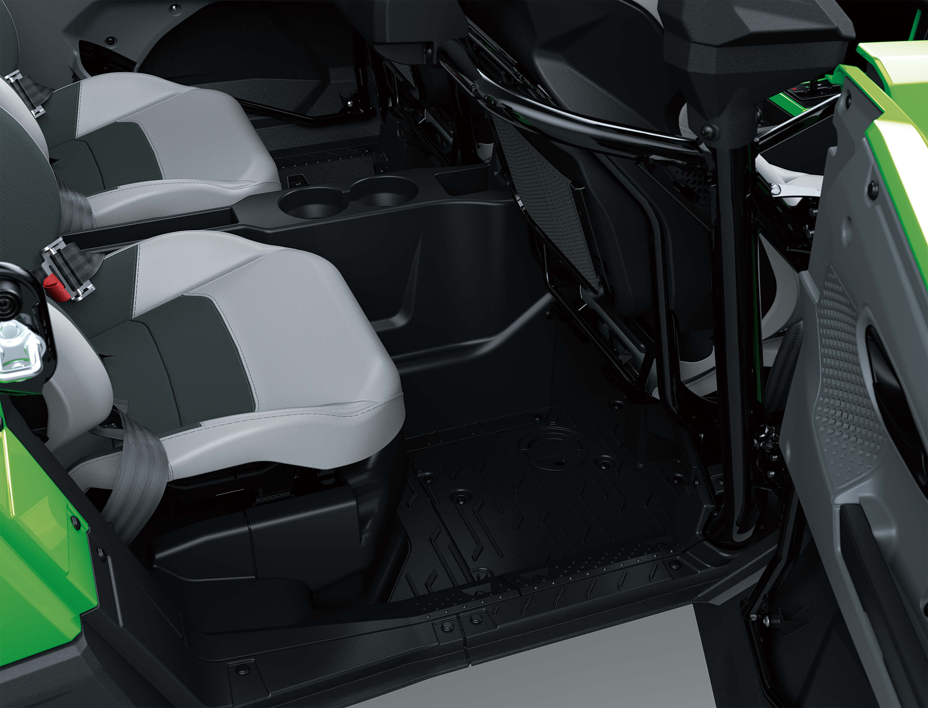 Overhead angle of rear seats in a side x side in a white studio background.