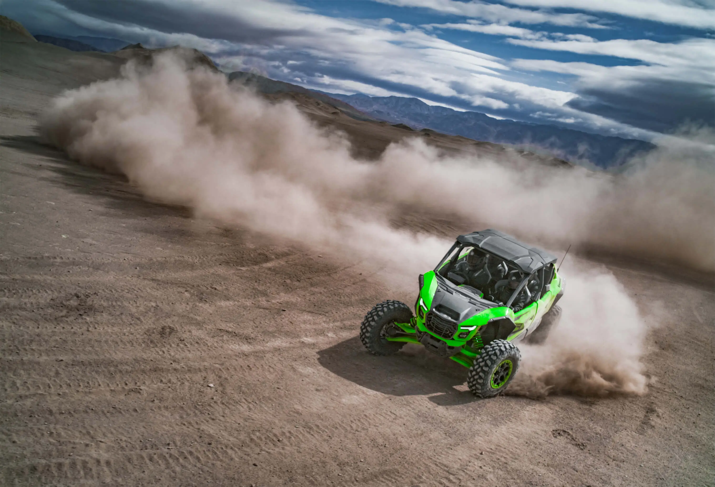 Overhead angle of a person driving a side x side off-road.
