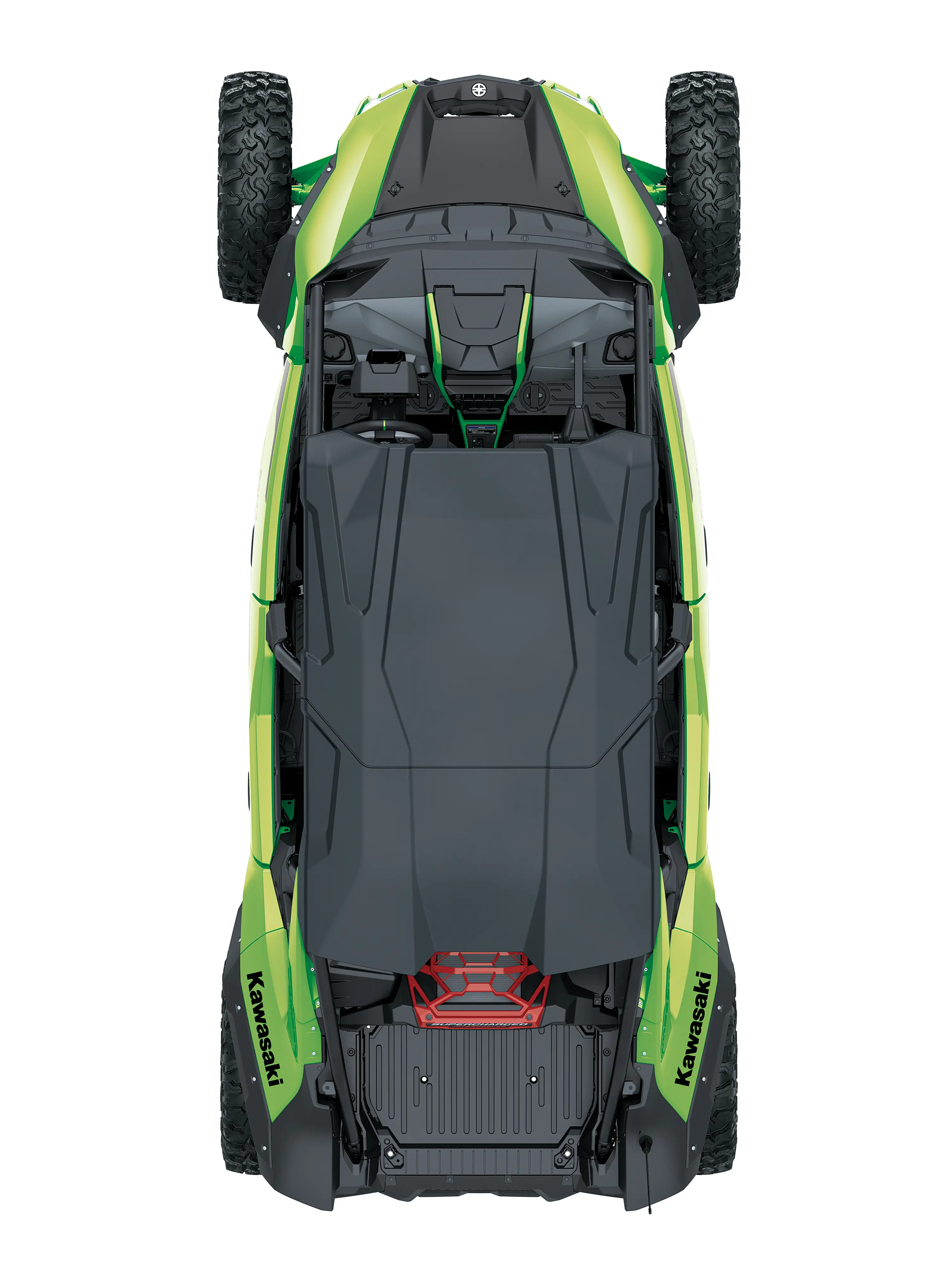 Overhead angle of a side x side staged in a white studio background.